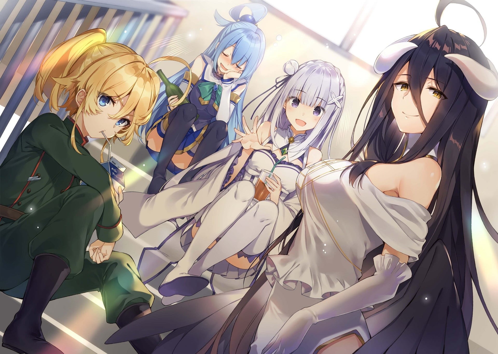 Aqua (KonoSuba), blue hair, Albedo (OverLord), anime girls, Tanya Degurechaff, 1080P, Isekai Quartet, blonde, white hair, long hair, Emilia (Re: Zero), HD Wallpaper