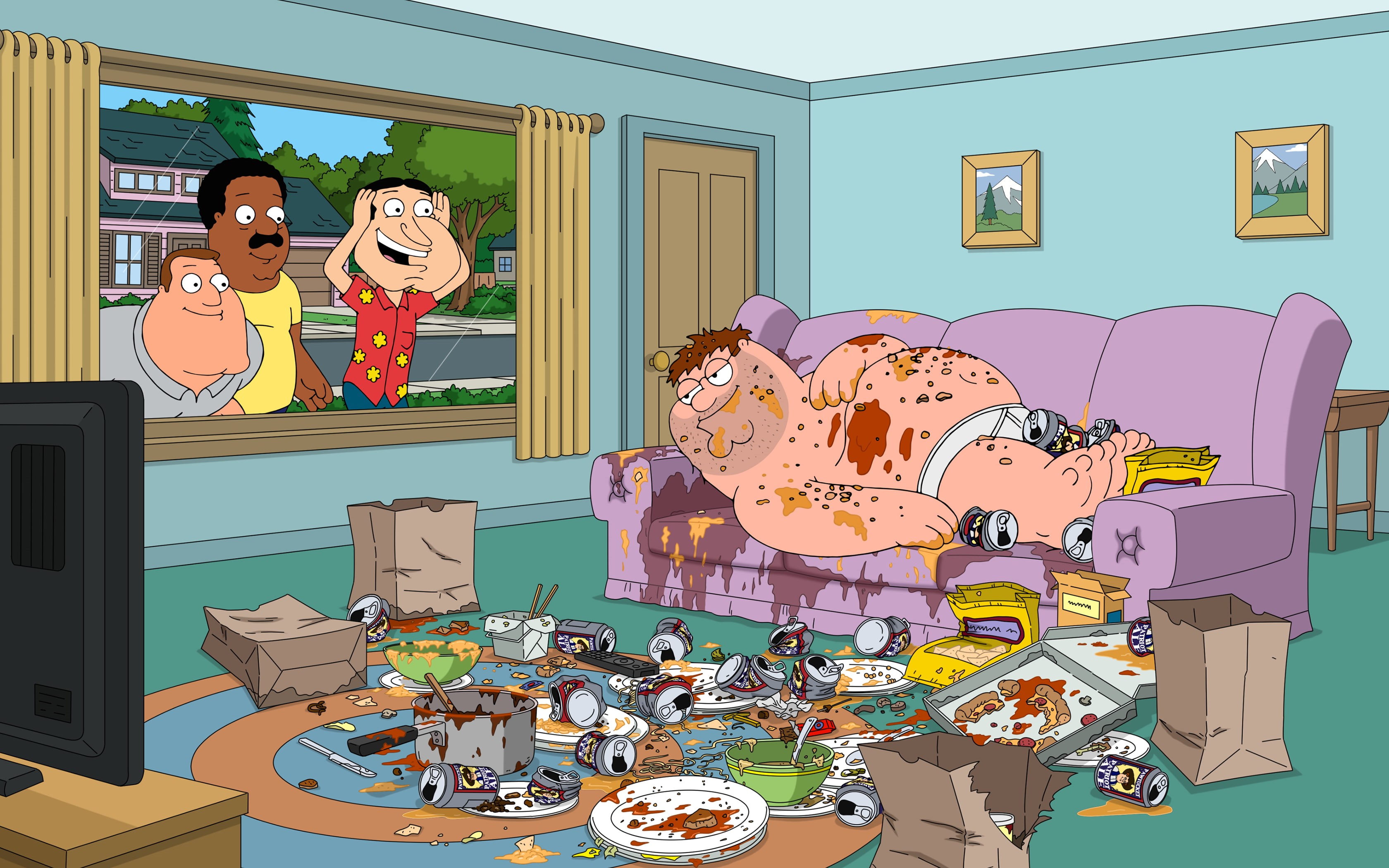 art and craft, representation, table, seat, no people, human representation, built structure, mammal, indoors, Peter Griffin, Cleveland Brown, Family Guy, HD Wallpaper
