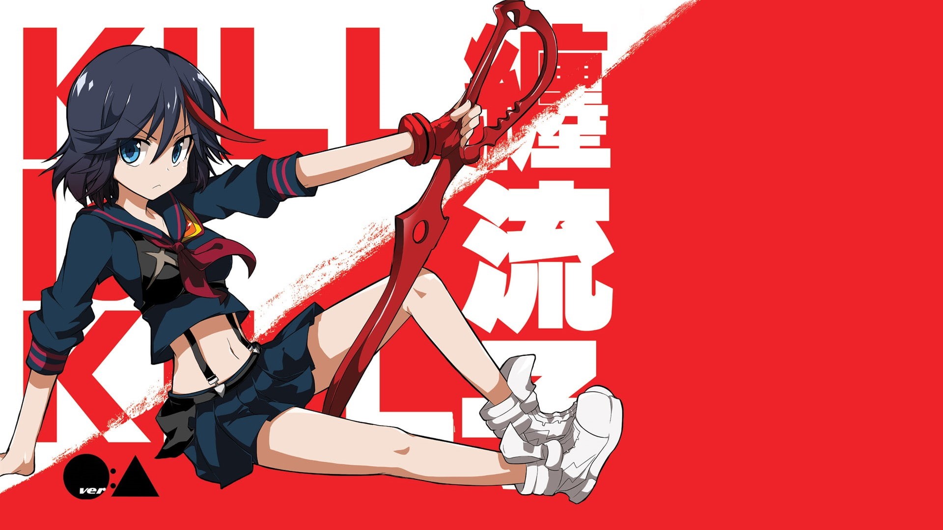 young adult, red, creativity, one person, Matoi Ryuuko, young men, 1080P, colored background, Kill la Kill, sitting, full length, emotion, adult, shoe, HD Wallpaper