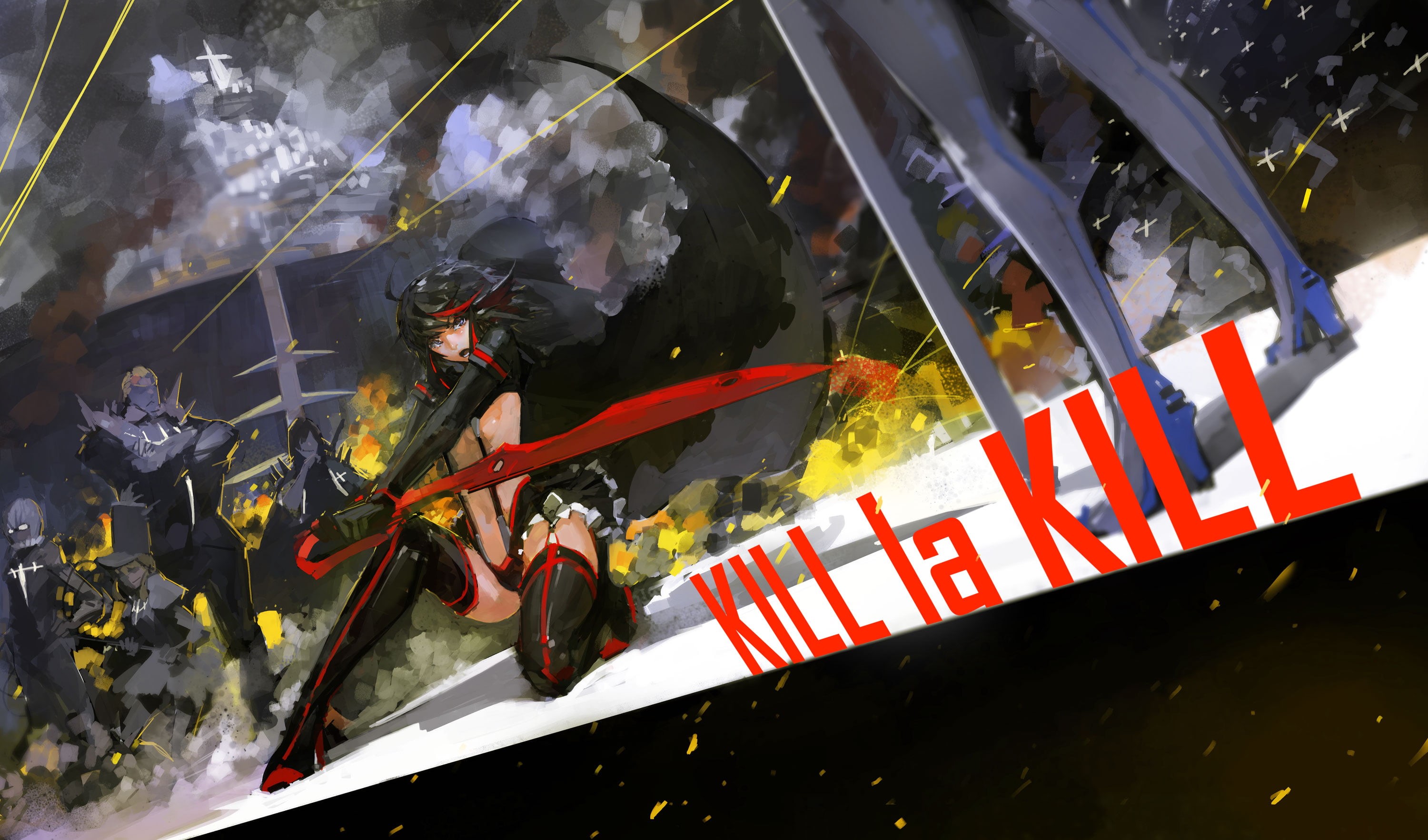 Kiryuin Satsuki, la, high angle view, text, anime, patriotism, Matoi Ryuuko, boundary, flag, security, barrier, Kill la Kill, cordon tape, anime girls, HD Wallpaper