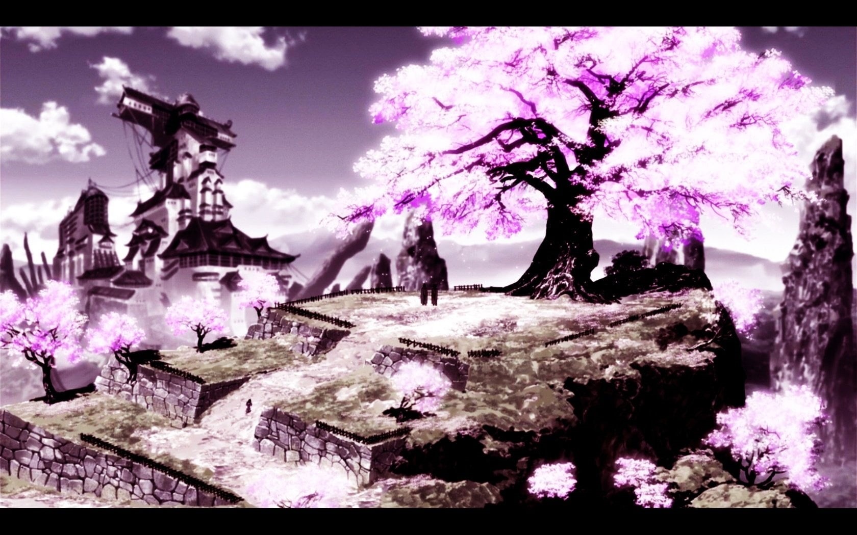 sky, tree, transfer print, house, Afro Samurai, pink, Anime, flowering plant, human representation, plant, water, sculpture, art and craft, outdoors, near, HD Wallpaper