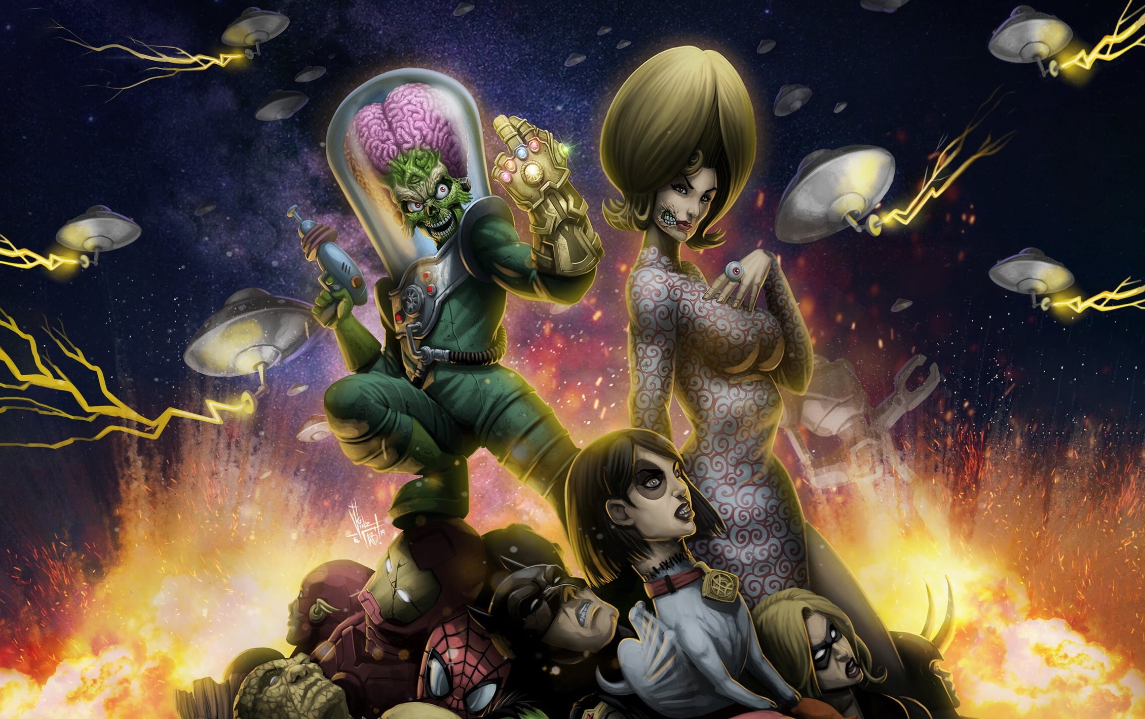 Spider-Man, artwork, science fiction, Mars Attacks, Batman, UFO, 1080P, HD Wallpaper