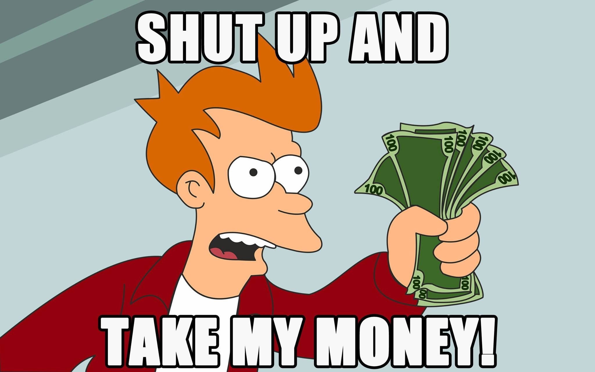 Futurama, money, humor, Philip J. Fry, 1080P, memes, dollar bills, HD Wallpaper
