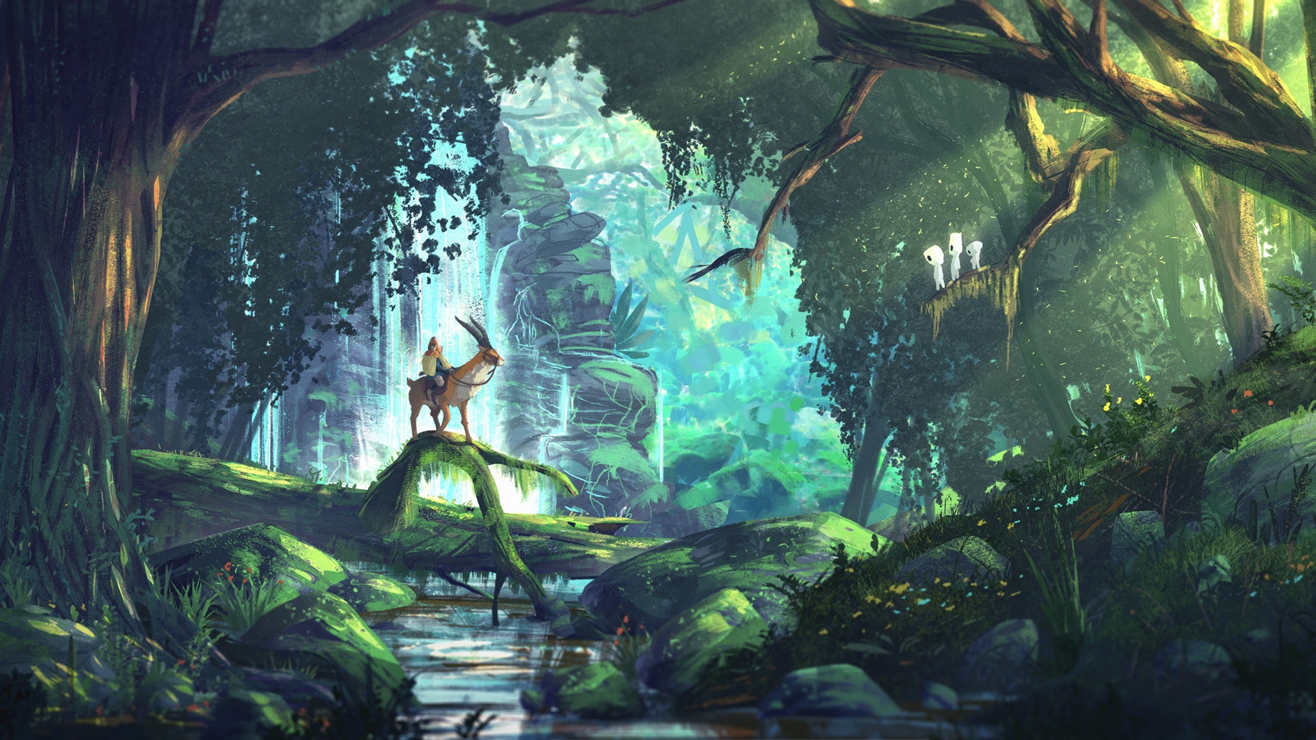 hayao miyazaki kodama ashitaka princess mononoke forest elk, 2K, HD Wallpaper