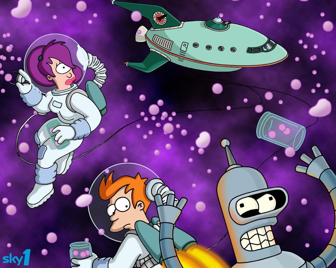 futurama, purple, hd, fry, 720P, astronaut, cartoon/comic, bender, leela, HD Wallpaper