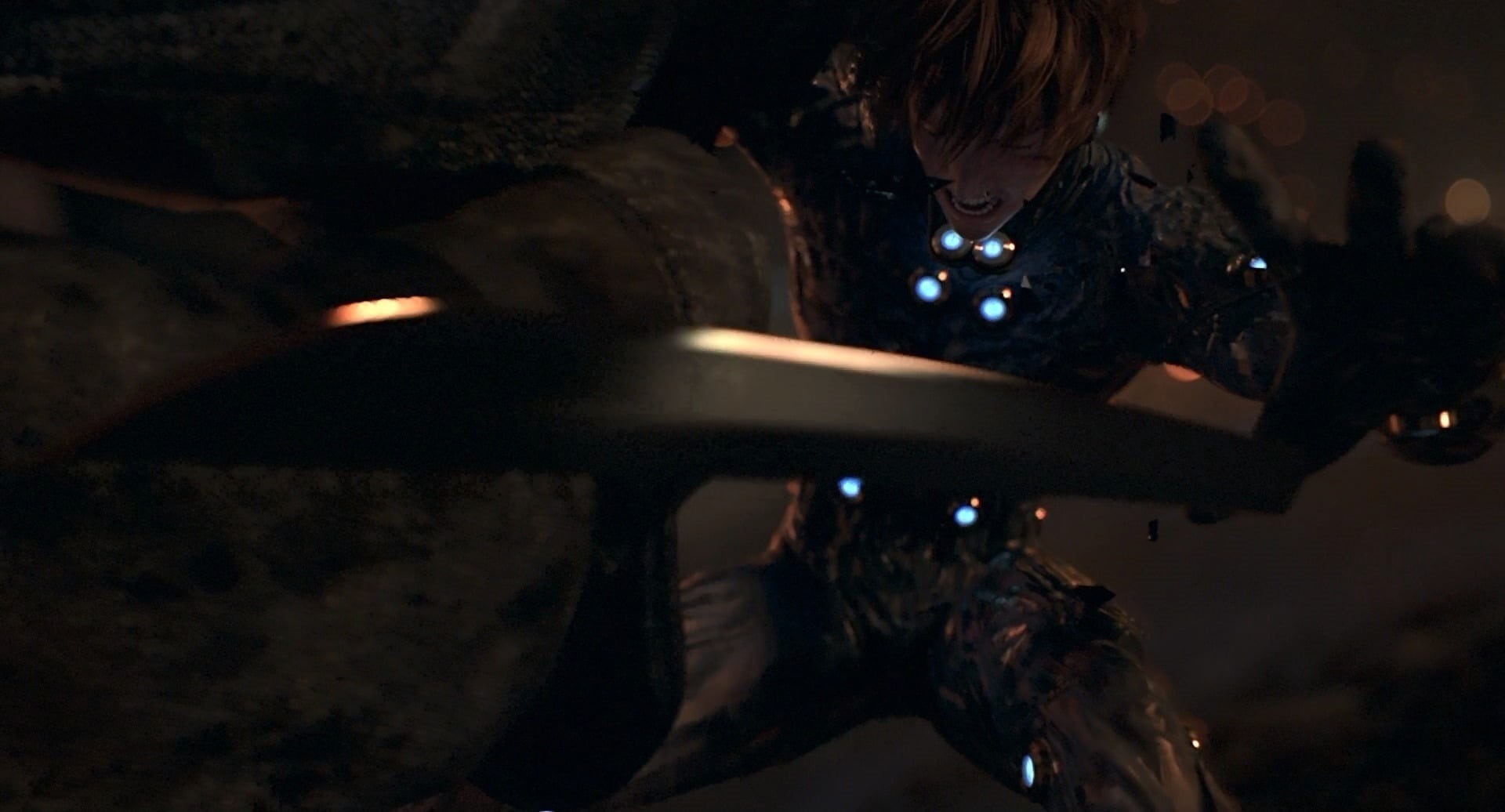 young adult, bending, night, weapon, waist up, adult, GANTZ:O, looking down, communication, looking, 1080P, men, holding, sword, science fiction, standing, HD Wallpaper
