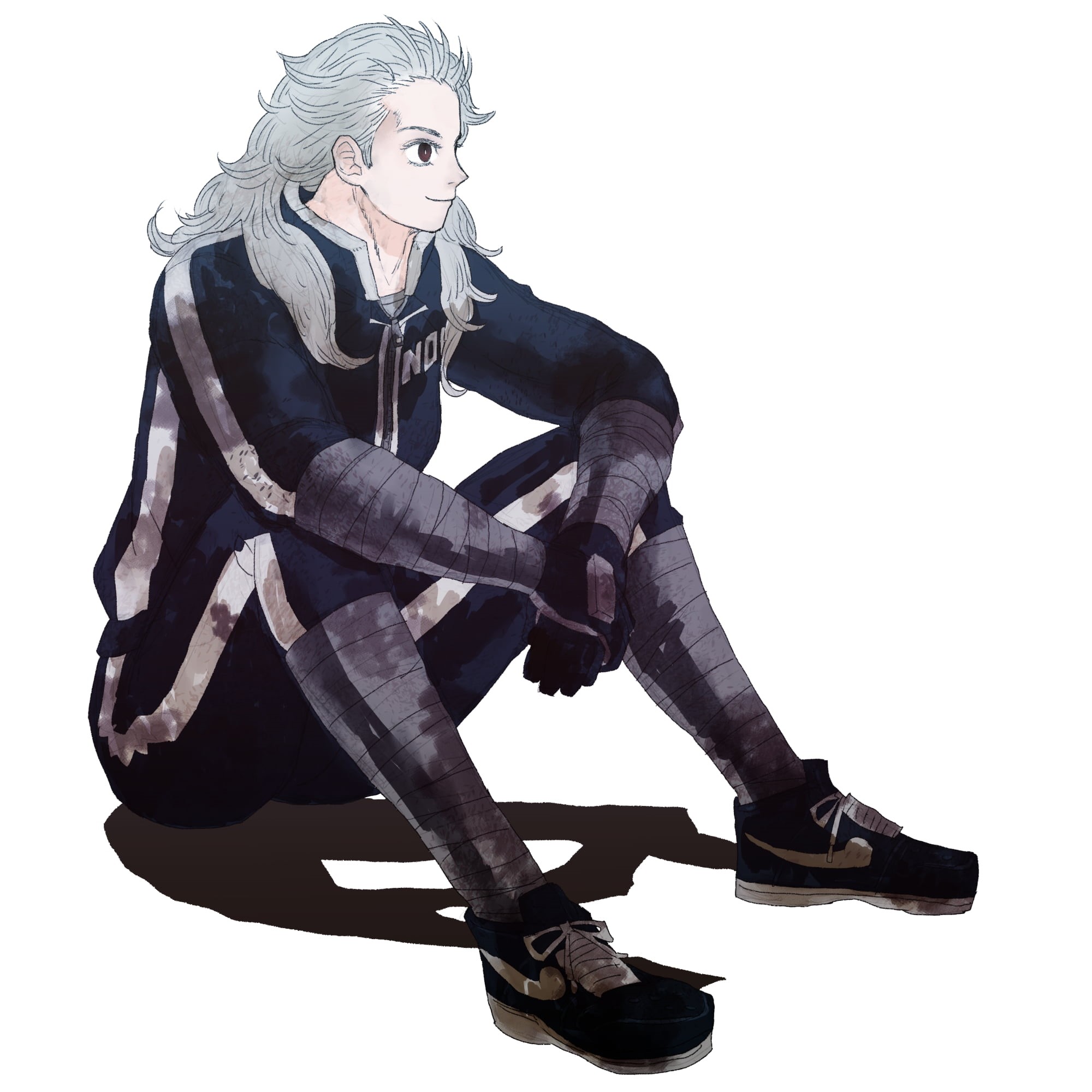 Noi (Dorohedoro), 1080P, long hair, 2D, simple background, grey hair, thighs, Dorohedoro, red eyes, fan art, smiling, bandage, anime girls, Phone HD Wallpaper