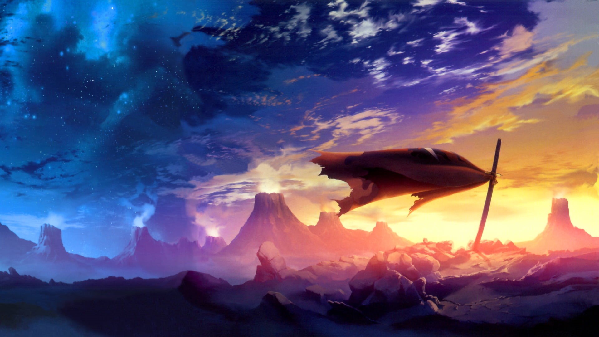 mountain, dramatic sky, tranquil scene, low angle view, anime, 1080P, mountain range, nature, sunlight, environment, sky, Tengen Toppa Gurren Lagann, outdoors, HD Wallpaper