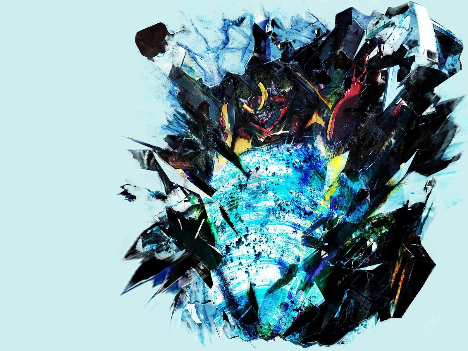lagann, art and craft, blue, plant, illustration, anime, wall - building feature, close-up, decoration, water, celebration, multi colored, 720P, creativity, HD Wallpaper