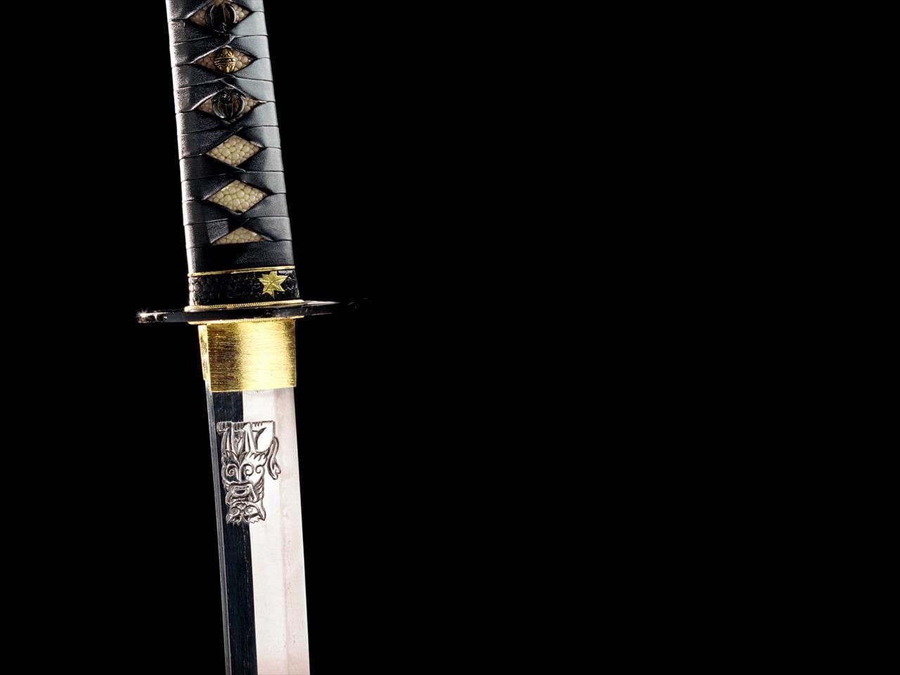 sword, no people, art and craft, black, communication, black color, katana, indoors, paper, metal, silver, copy space, studio shot, text, black background, HD Wallpaper