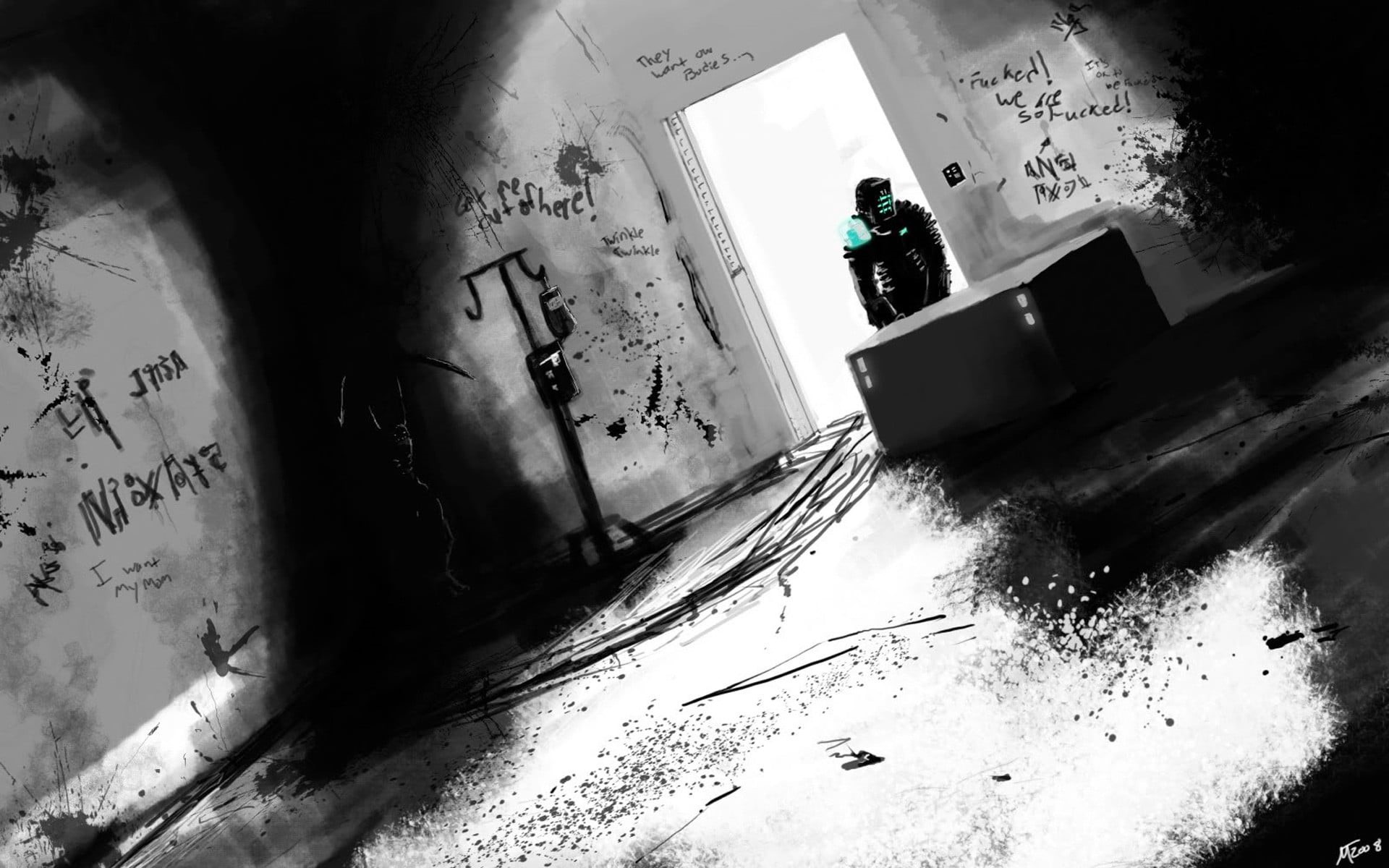 nature, 1080P, architecture, video games, high angle view, no people, indoors, old, Dead Space, text, white, graffiti, communication, built structure, HD Wallpaper