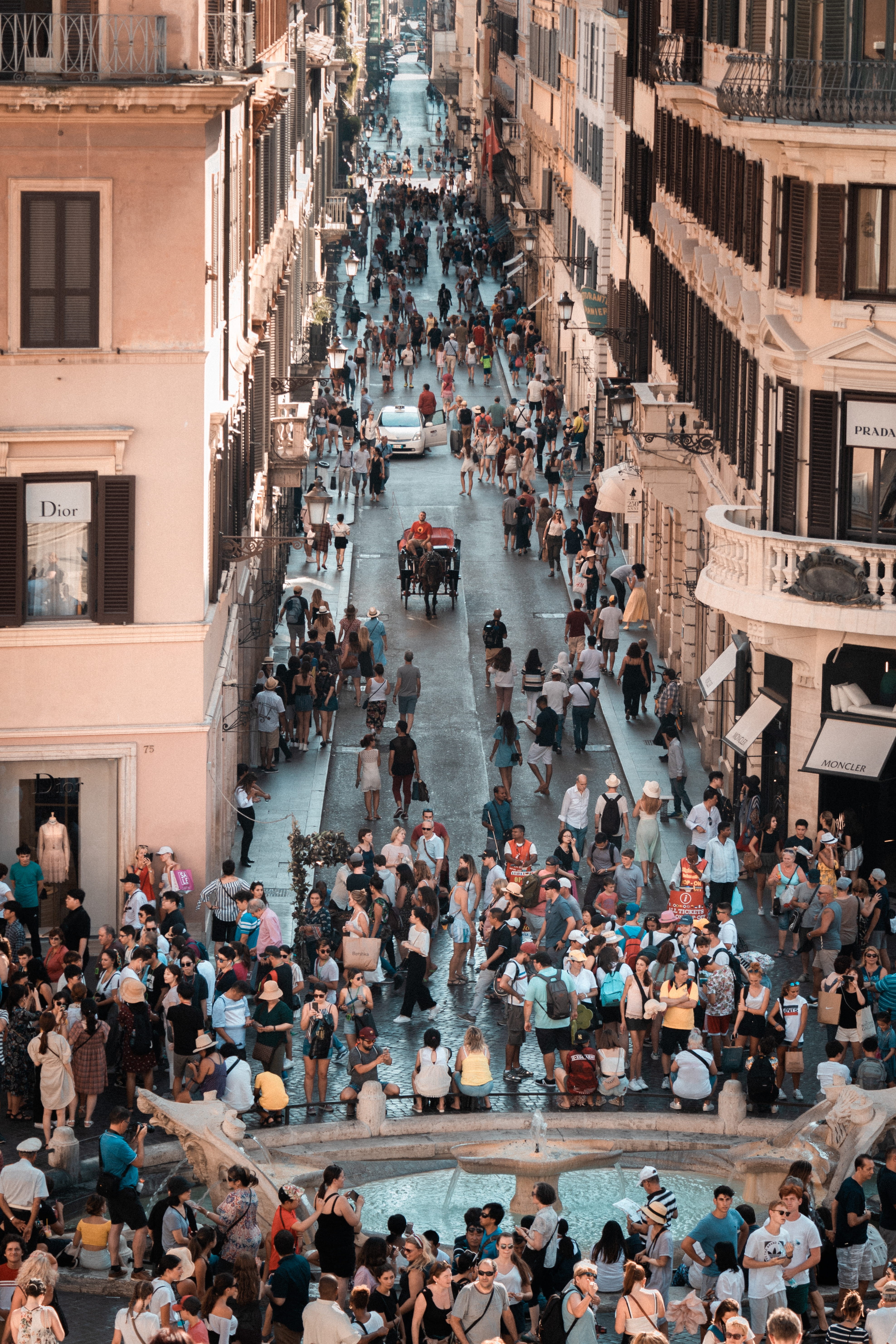 piazza, sun, highstreet, transportation, shops, real people, color, day, street, building exterior, city, 5K, spanishsteps, large group of people, high angle view, Phone HD Wallpaper