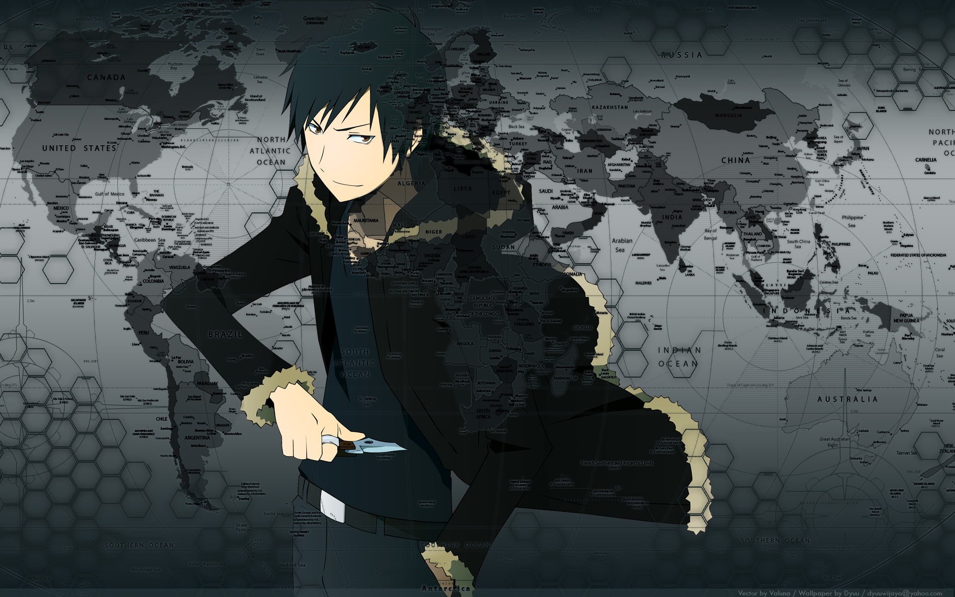 travel, front view, map, looking, waist up, 1080P, communication, male, standing, anime, people, indoors, planning, Orihara Izaya, world map, digital composite, HD Wallpaper