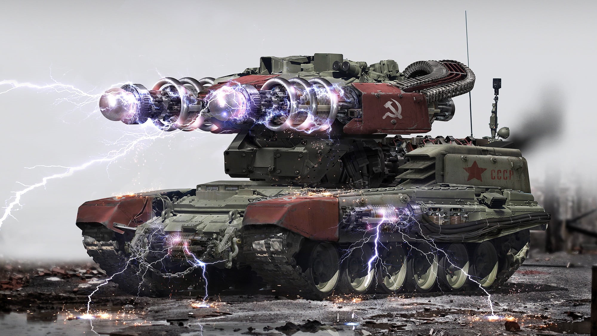 USSR, electricity, red alert, drawing, 1080P, tank, tesla tank, Johnson Ting, red alert 2, HD Wallpaper