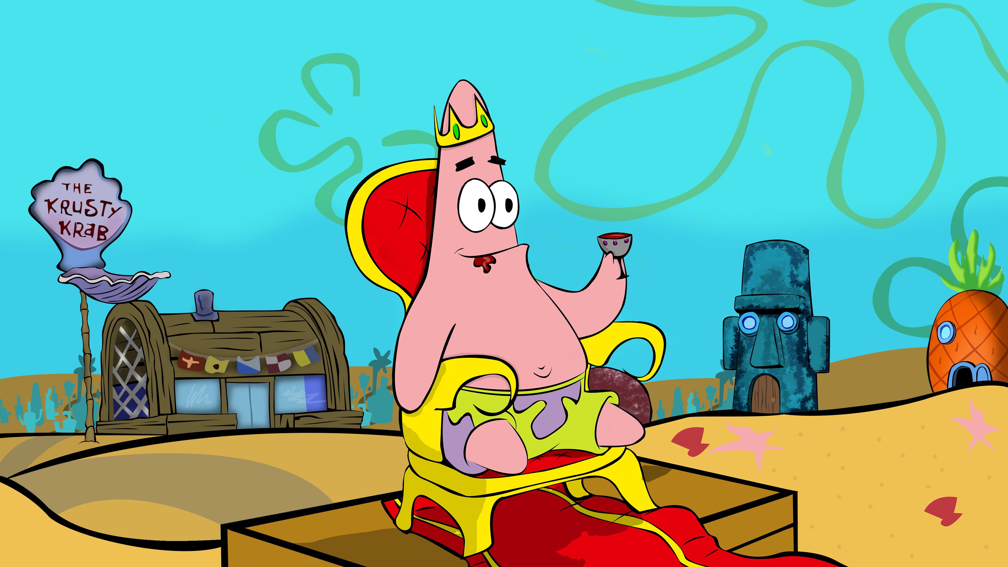 4K, spongebob, illustration, Patrick (Spongebob Squarepants), drawing, HD Wallpaper
