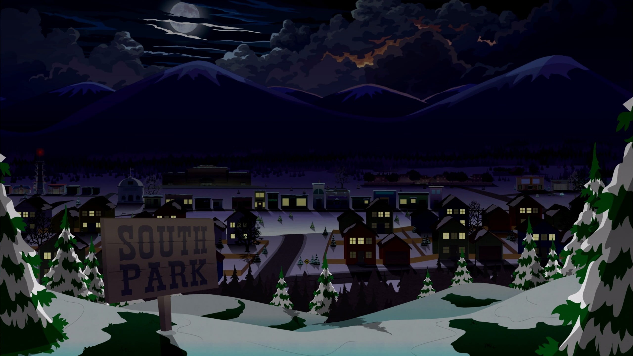 city, table, South Park, travel destinations, 2K, mountain, night, outdoors, high angle view, architecture, building, religion, video games, South Park: Fractured But Whole, HD Wallpaper