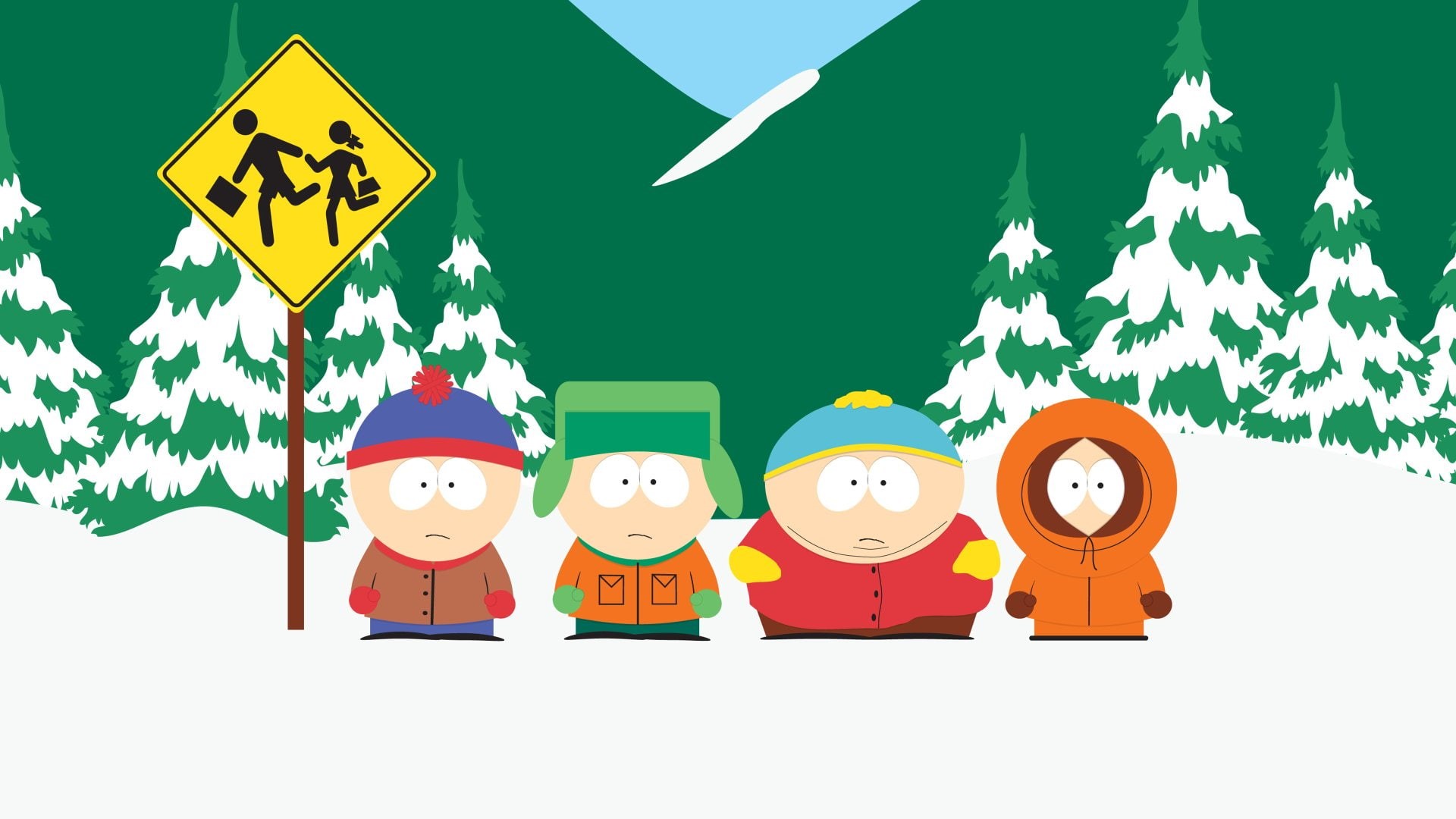 Eric Cartman, Kyle Broflovski, arts culture and entertainment, 1080P, South Park, Stan Marsh, cartoon, technology, green color, fun, cloud - sky, sign, HD Wallpaper
