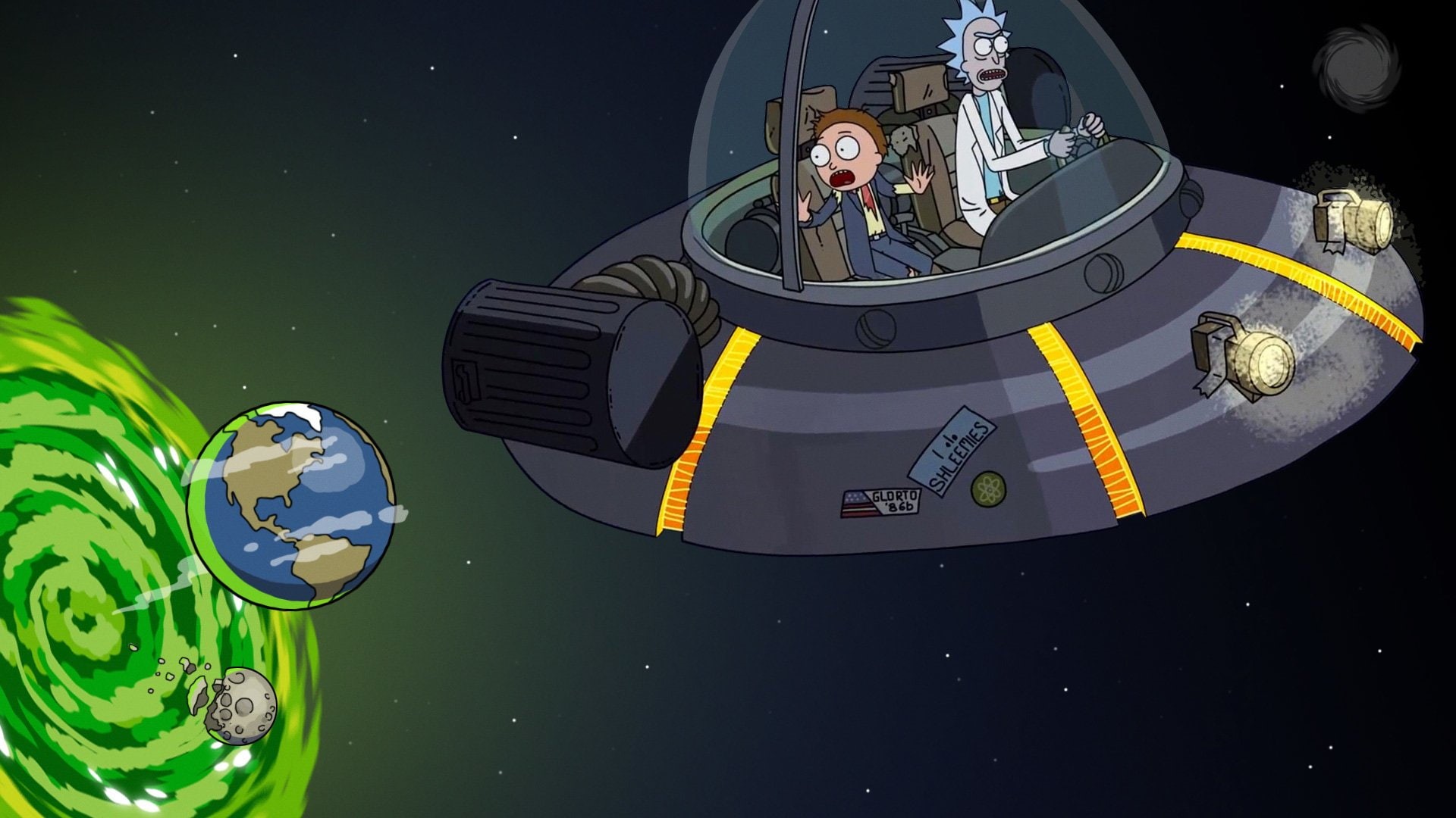 Portal, Rick and Morty, 1080P, Rick Sanchez, Space Cruiser (Rick and Morty), Morty Smith, Spaceship, Earth, TV Show, HD Wallpaper