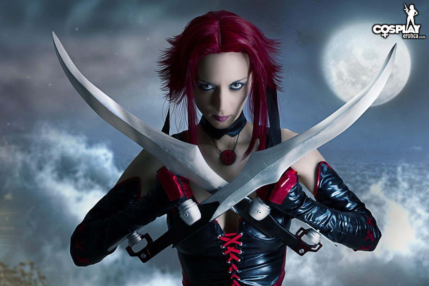looking at camera, sport, one person, 720P, sword, teenager, costume, waist up, young women, females, hairstyle, dyed red hair, young adult, beautiful woman, HD Wallpaper