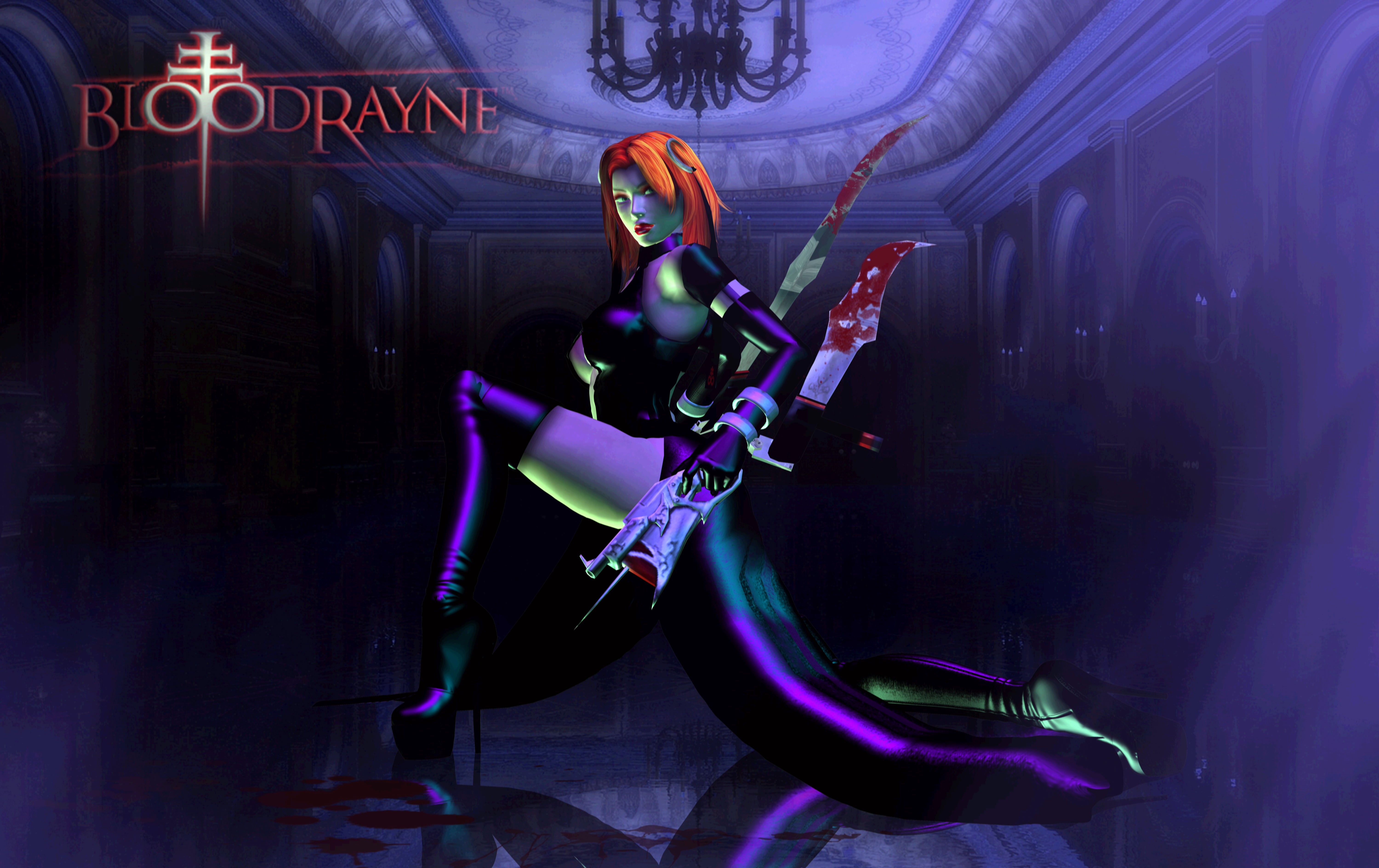 blood, lighting equipment, music, boots, BloodRayne, musical instrument, look, nightclub, pose, girl, rayne, vampire, concert, latex, holding, weapons, HD Wallpaper