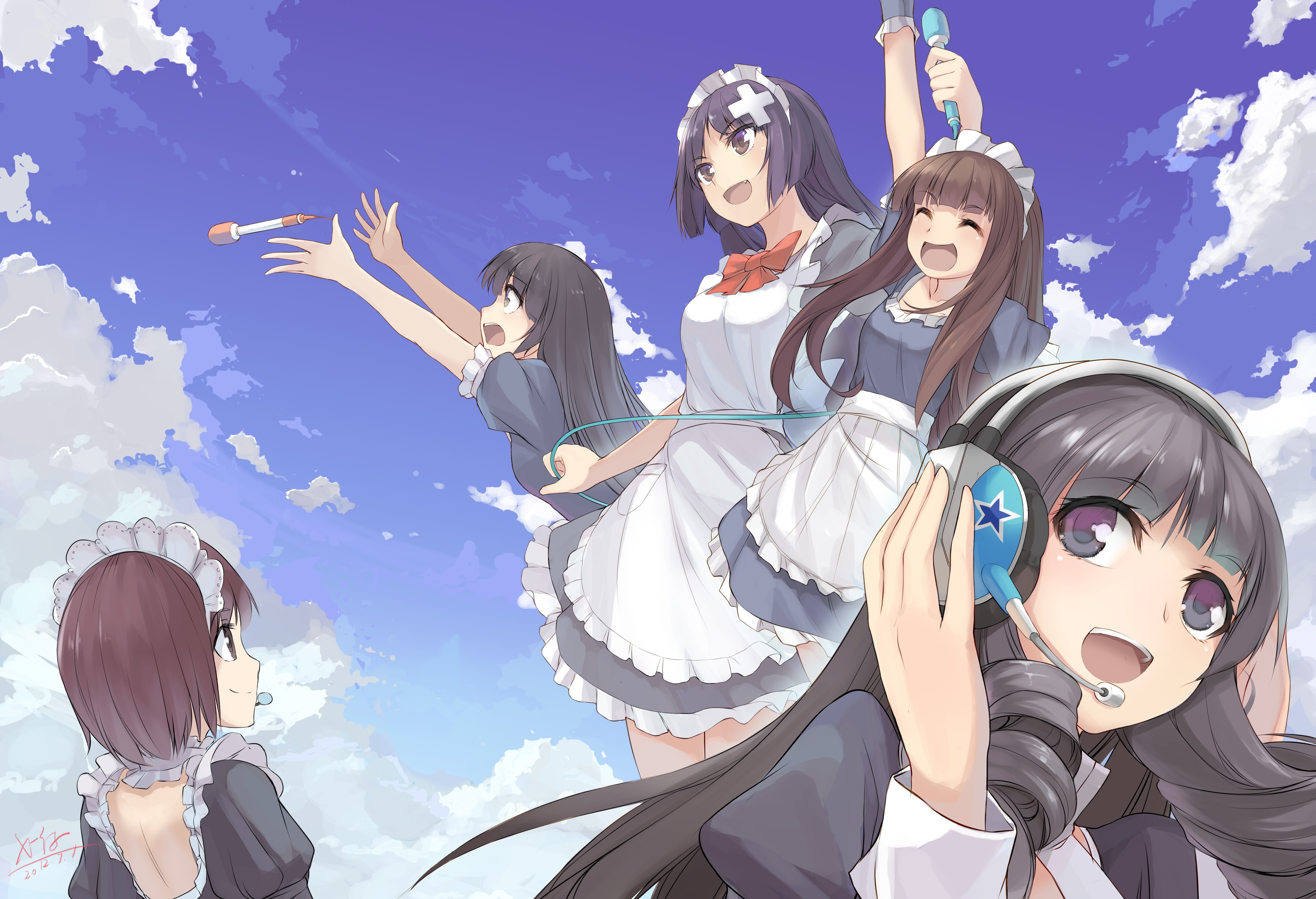 dress, eyes, brown, 245503, clouds, 4K, original, x-boy, signed, headdress, headphones, konachan, maid, black, microphone, bow, short, com, hair, group, HD Wallpaper