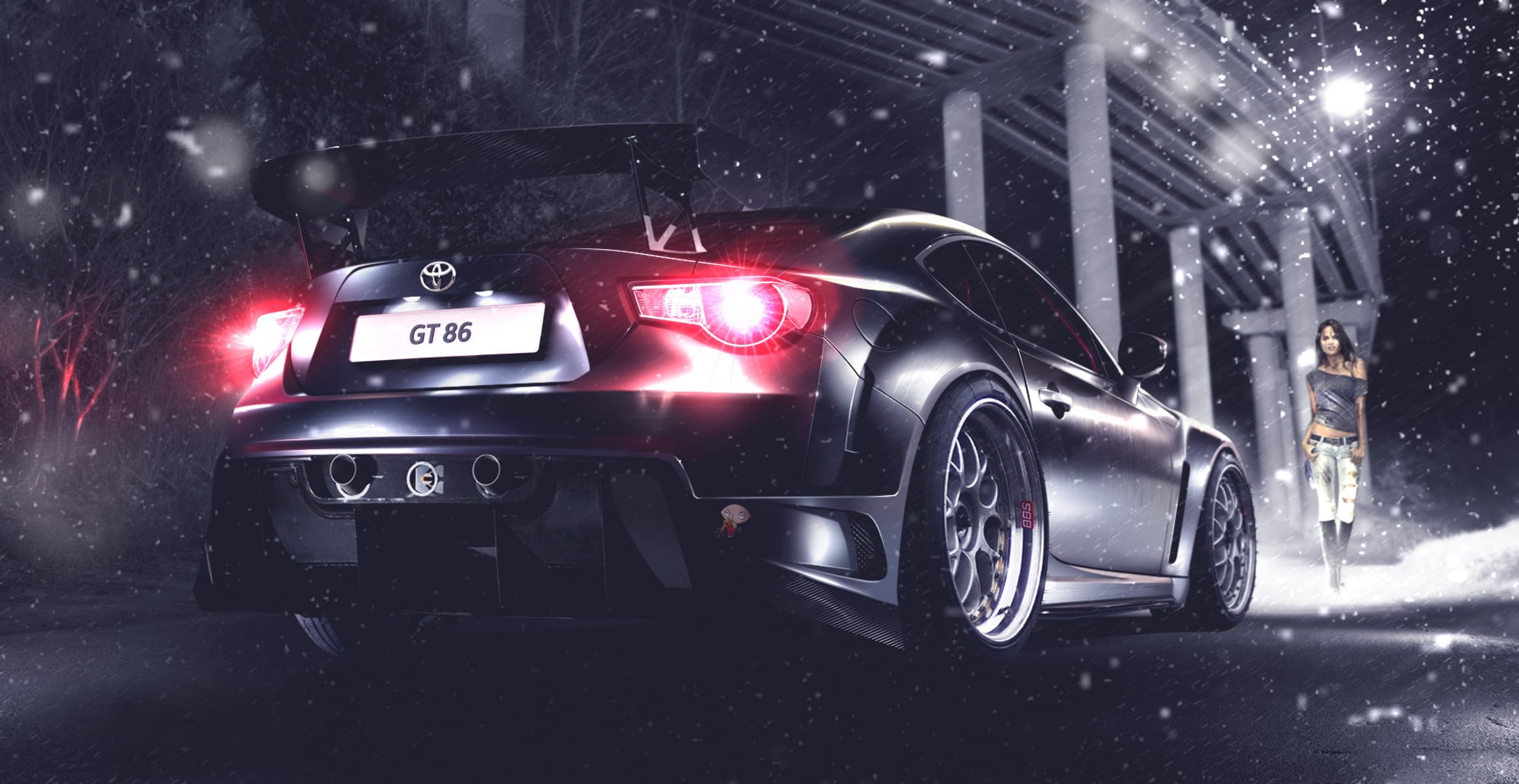 mode of transportation, snow, black, street, motor vehicle, communication, extreme weather, sign, rain, rear, city, coupe, Toyota, bridge, BBS, transportation, HD Wallpaper