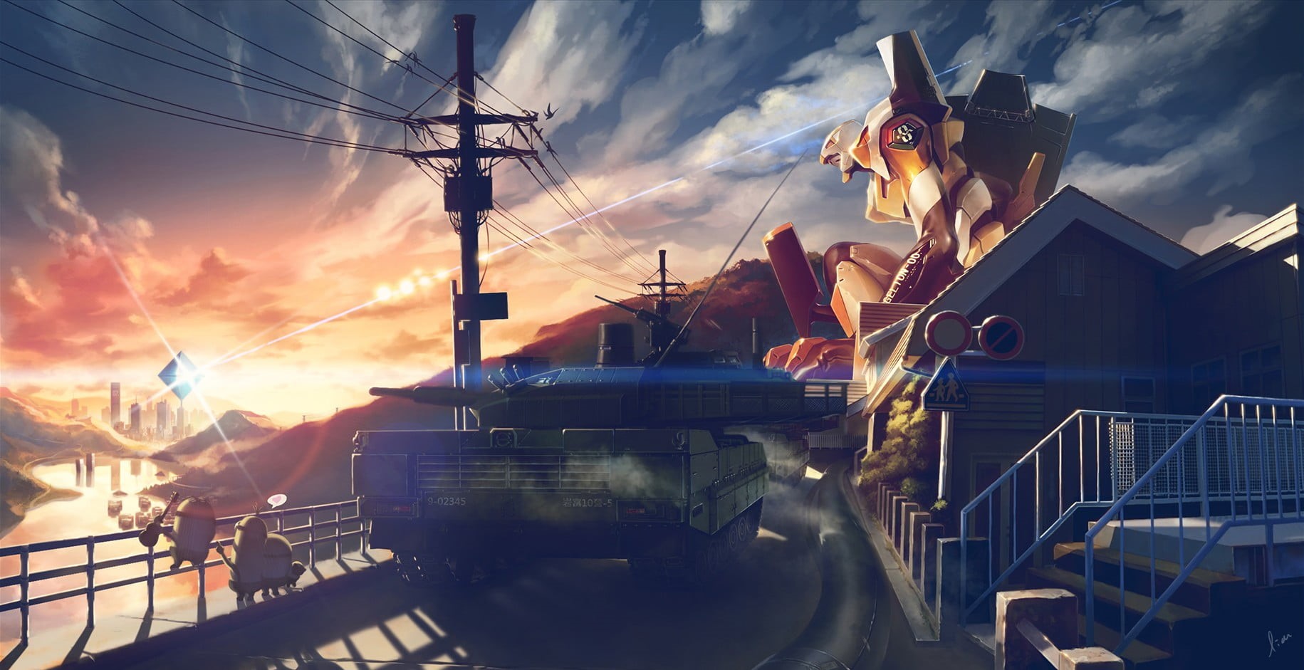 architecture, transportation, Neon Genesis Evangelion, water, males, technology, mode of transportation, sky, illustration, men, connection, gray, tank, HD Wallpaper