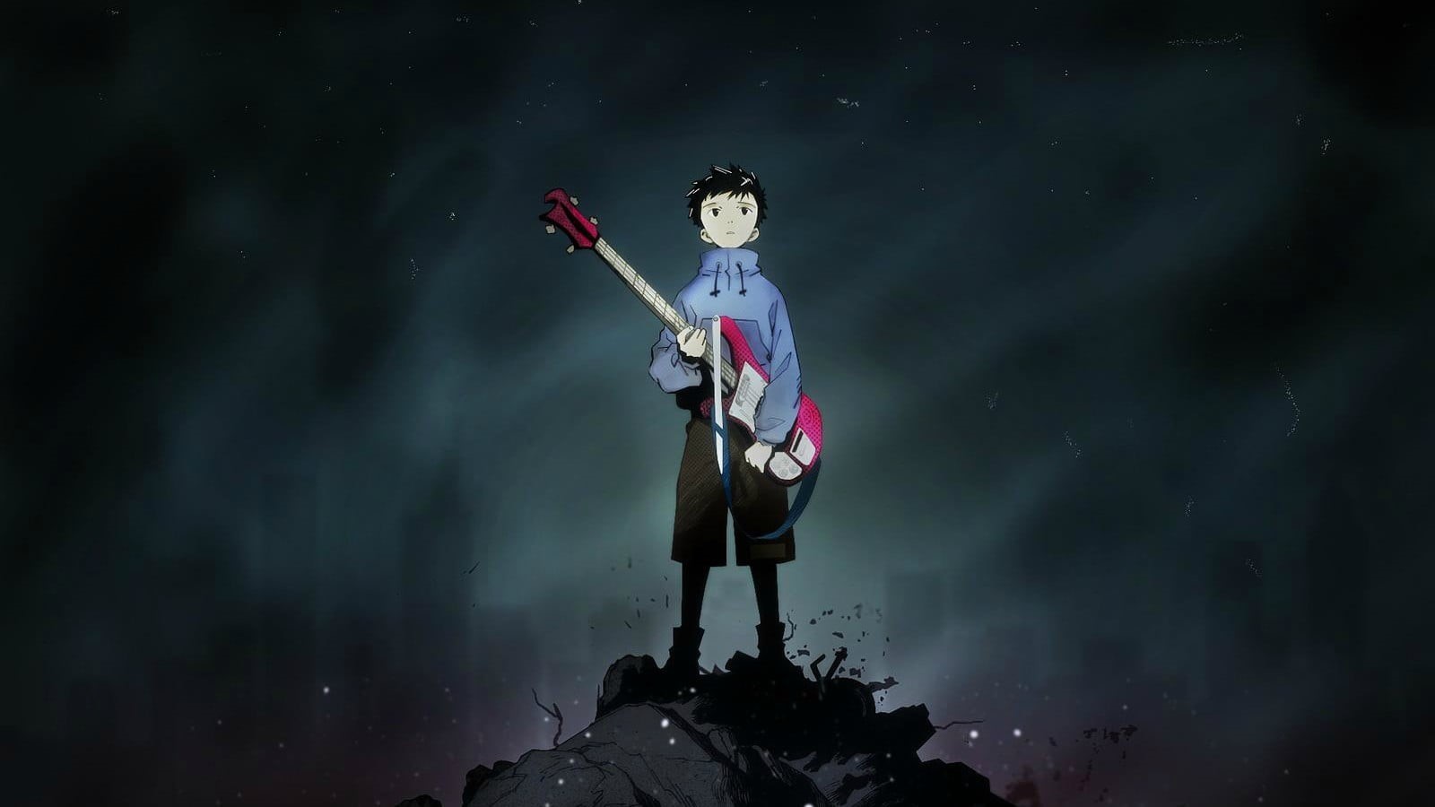 boy, Nandaba Naota, standing, anime boys, one person, young adult, FLCL, music, performance, anime, adult, blue, full length, guitar, string instrument, HD Wallpaper