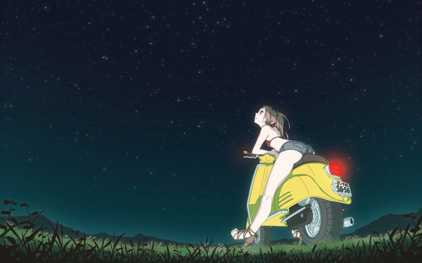 scooters, Haruhara Haruko, 720P, Vespa, night, FLCL, anime girls, space, stars, HD Wallpaper
