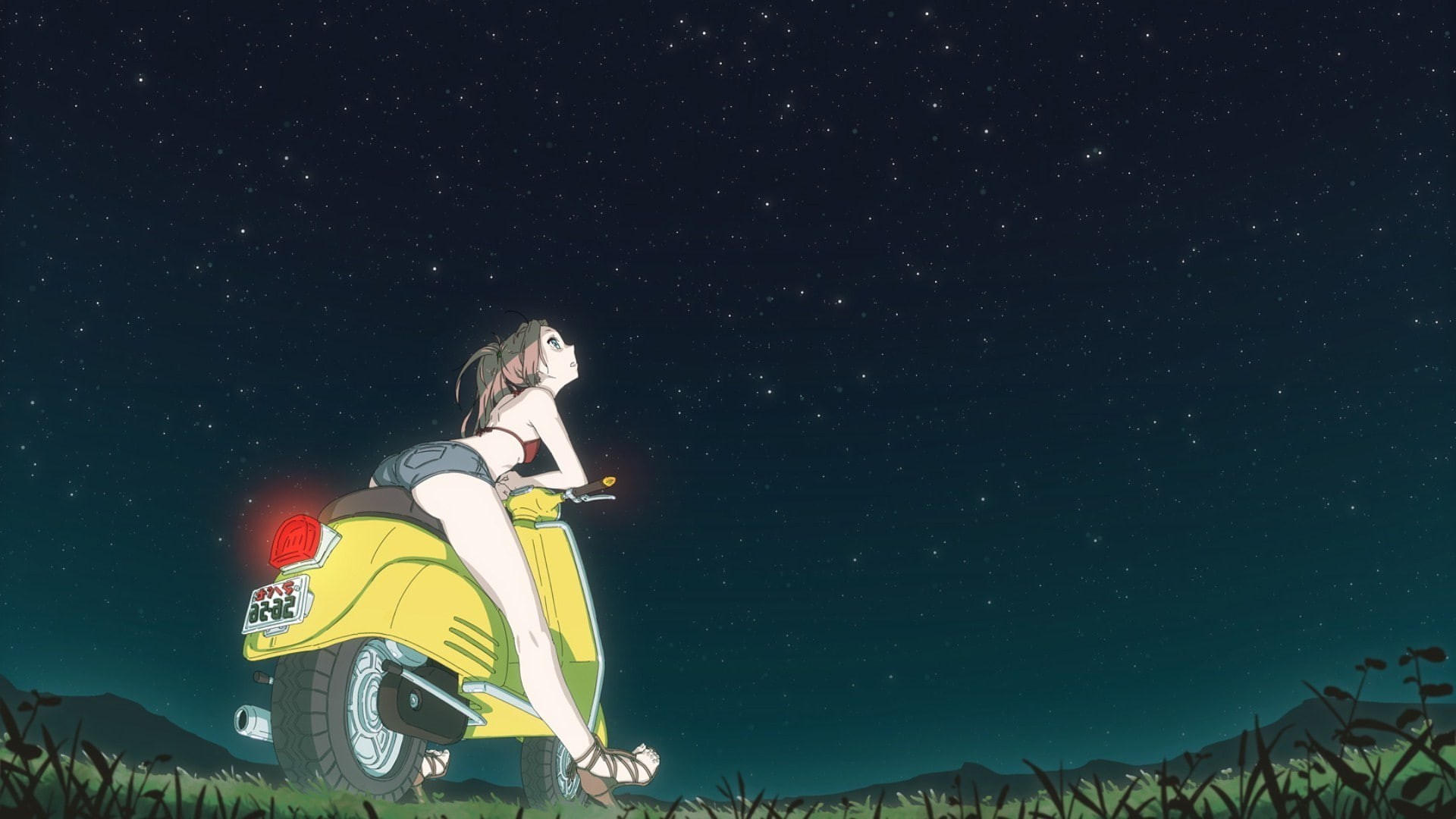young women, adult, low angle view, nature, anime girls stars flcl haruhara haruko scooters night space, star - space, space, scenics - nature, beauty in nature, HD Wallpaper