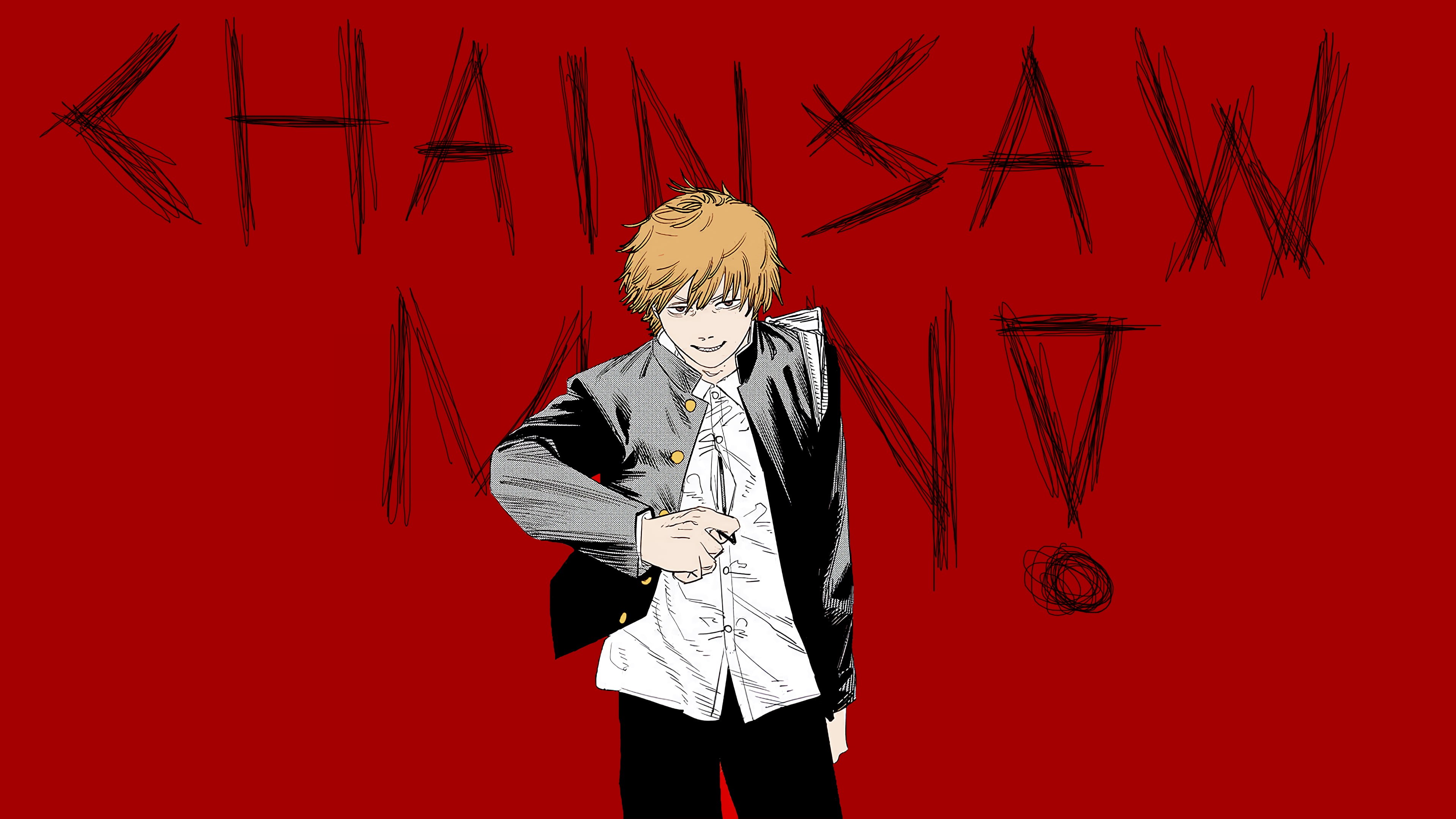 red background, anime, anime boys, Chainsaw Man, Denji (Chainsaw Man), 4K, HD Wallpaper