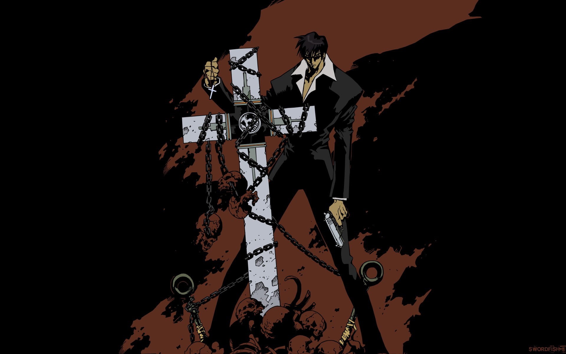 men, 1080P, anime, holding, lifestyles, standing, machine gun, built structure, cross, Trigun, walking, manga, people, sunlight, Wolfwood, character, HD Wallpaper