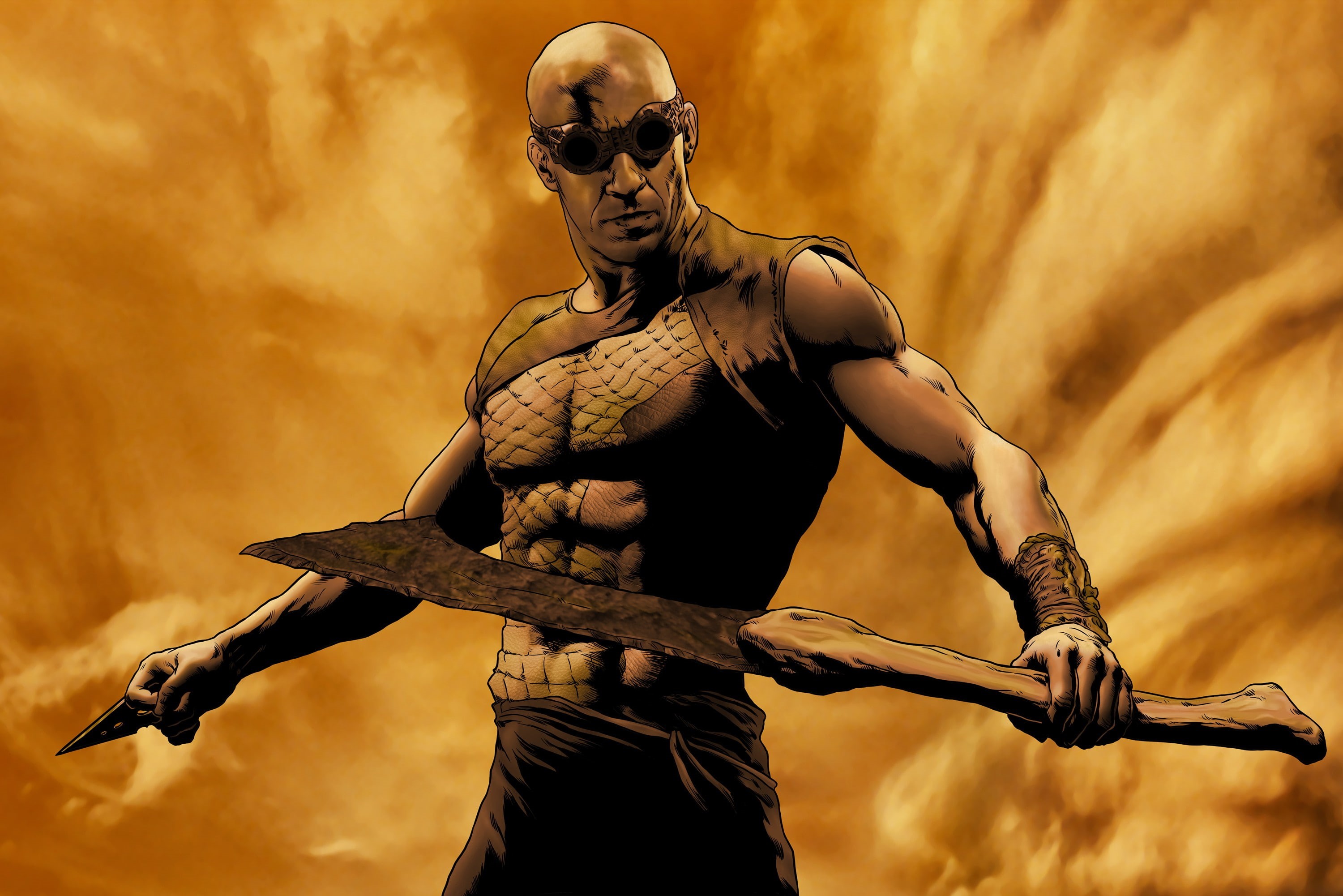 headwear, weapon, fighting, animal wildlife, sword, front view, adult, muscular build, young adult, aggression, sport, helmet, waist up, gun, nature, Riddick, HD Wallpaper