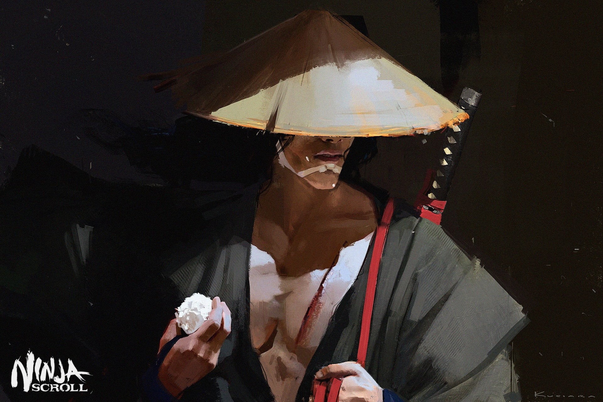 samurai, art, straw hat, Ninja scroll, katana, Jubei, Manuscript ninja, 1080P, figure, arm, Maciej Kuciara, Japanese clothing, HD Wallpaper