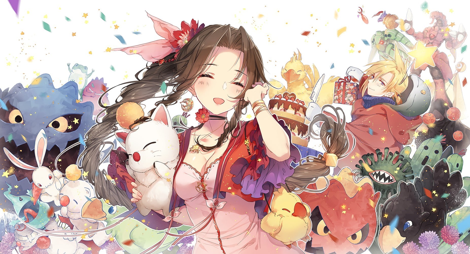 720P, Anime Girls, Aerith Gainsborough, Moogle, Chocobo, Final Fantasy VII, Cloud Strife, HD Wallpaper