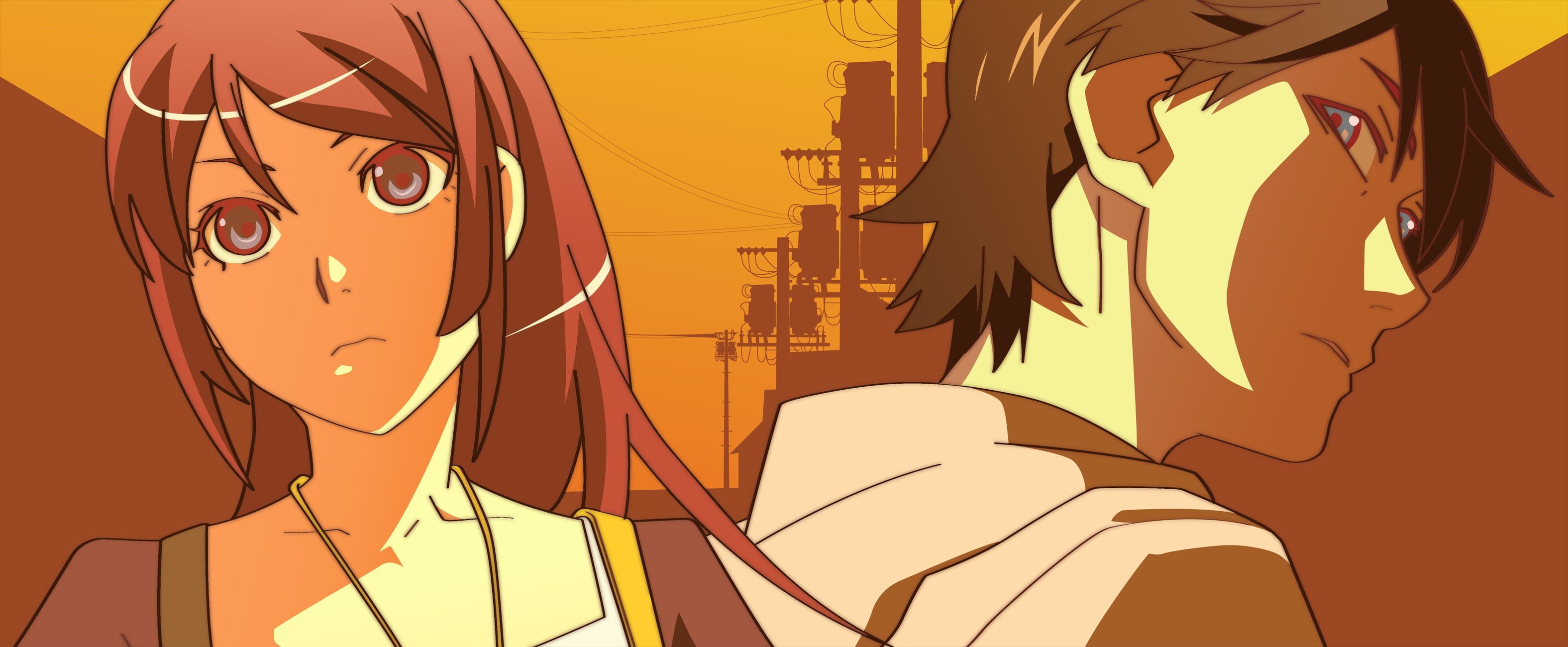 technology, communication, cable, cartoon, side view, sailboat, yellow, people, Araragi Koyomi, retro styled, anime girls, travel, Monogatari Series, nature, HD Wallpaper