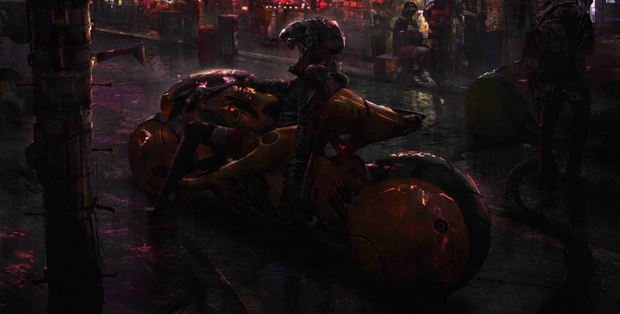 neofuture, digital art, leather clothing, Neo-noir, night, futuristic, 1080P, neon, neon glow, Akira, women with bikes, concept art, cyberpunk, rain, artwork, HD Wallpaper