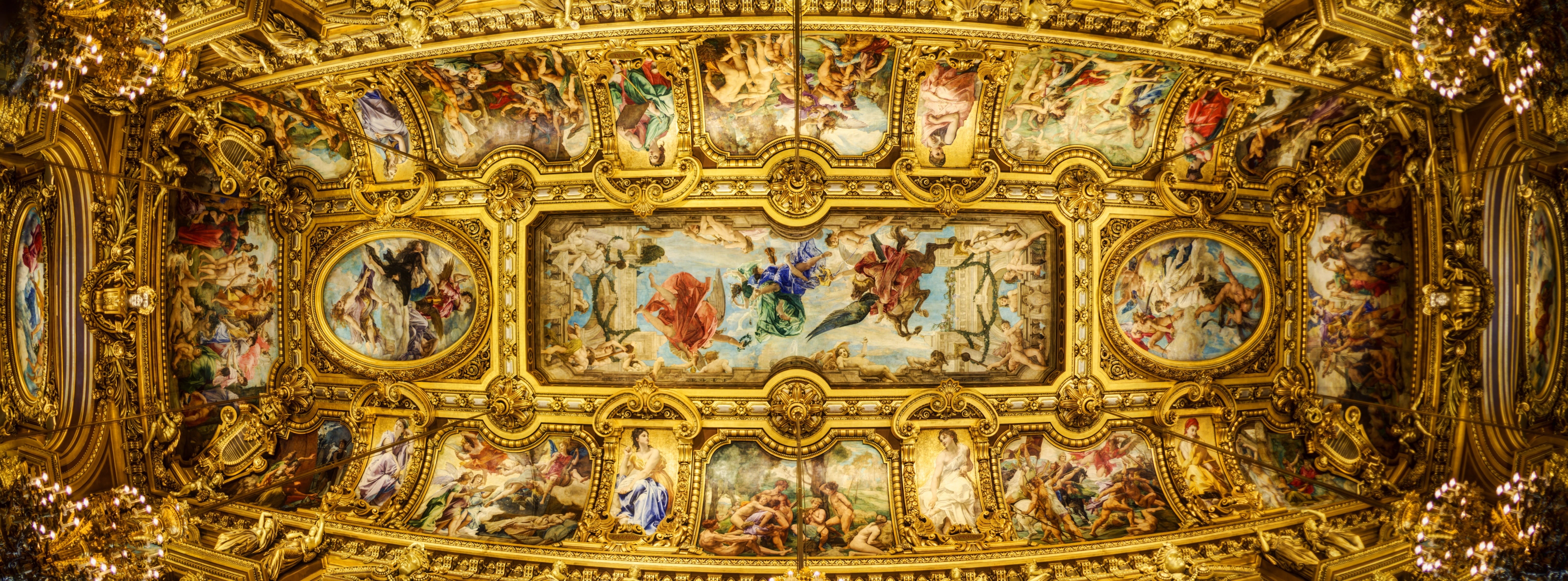 serving, indoors, belief, Opera de Paris, place of worship, gold colored, ornate, ceiling, art and craft, Palais Garnier, human representation, Gorgeous, HD Wallpaper