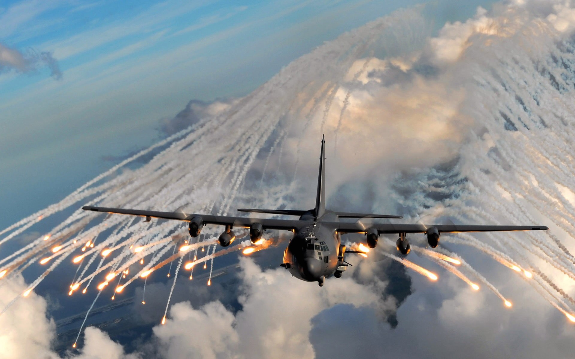 day, motion, plane, smoke - physical structure, air vehicle, aerospace industry, mid-air, Lockheed C-130 Hercules, no people, airplane, sky, 1080P, front view, HD Wallpaper