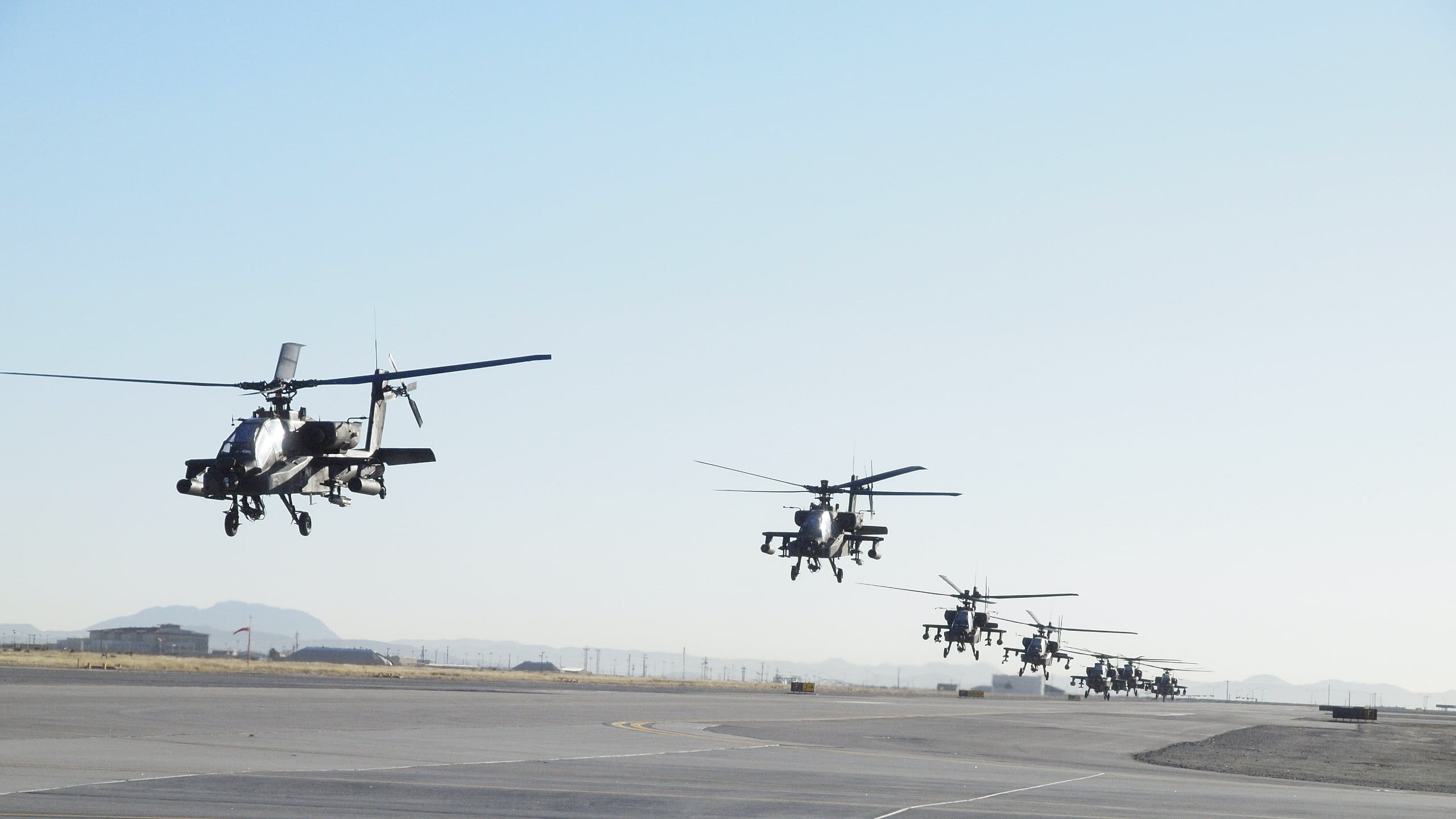 transportation, helicopters, arrival, gunships, motion, no people, military aircraft, military, flying, clear sky, day, white, airplane, mid-air, travel, HD Wallpaper