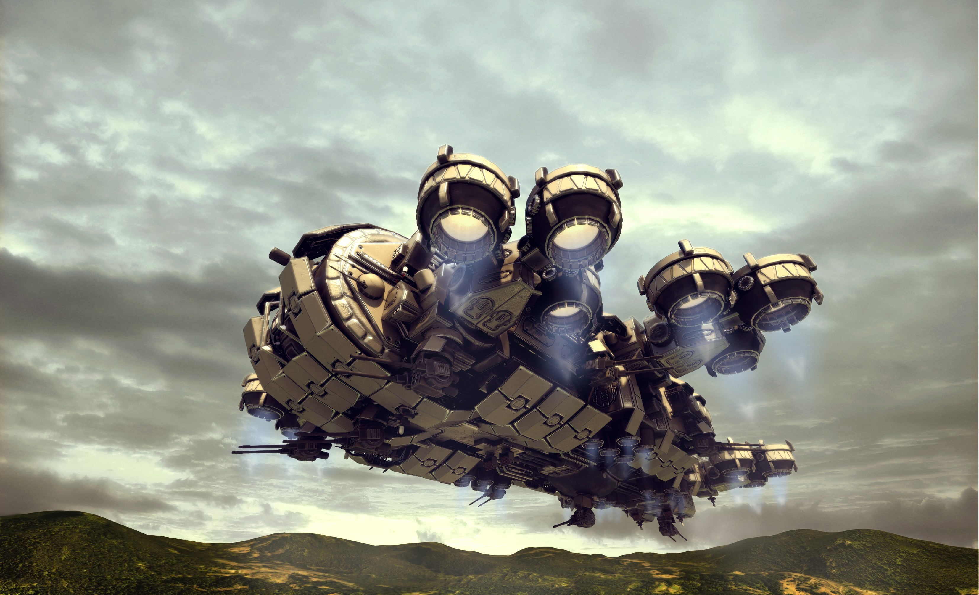 mountain, dramatic sky, nature, technology, 2K, ominous, art product, digital composite, Thunderbolt Gunship  , robot, fantasy, science, land, HD Wallpaper