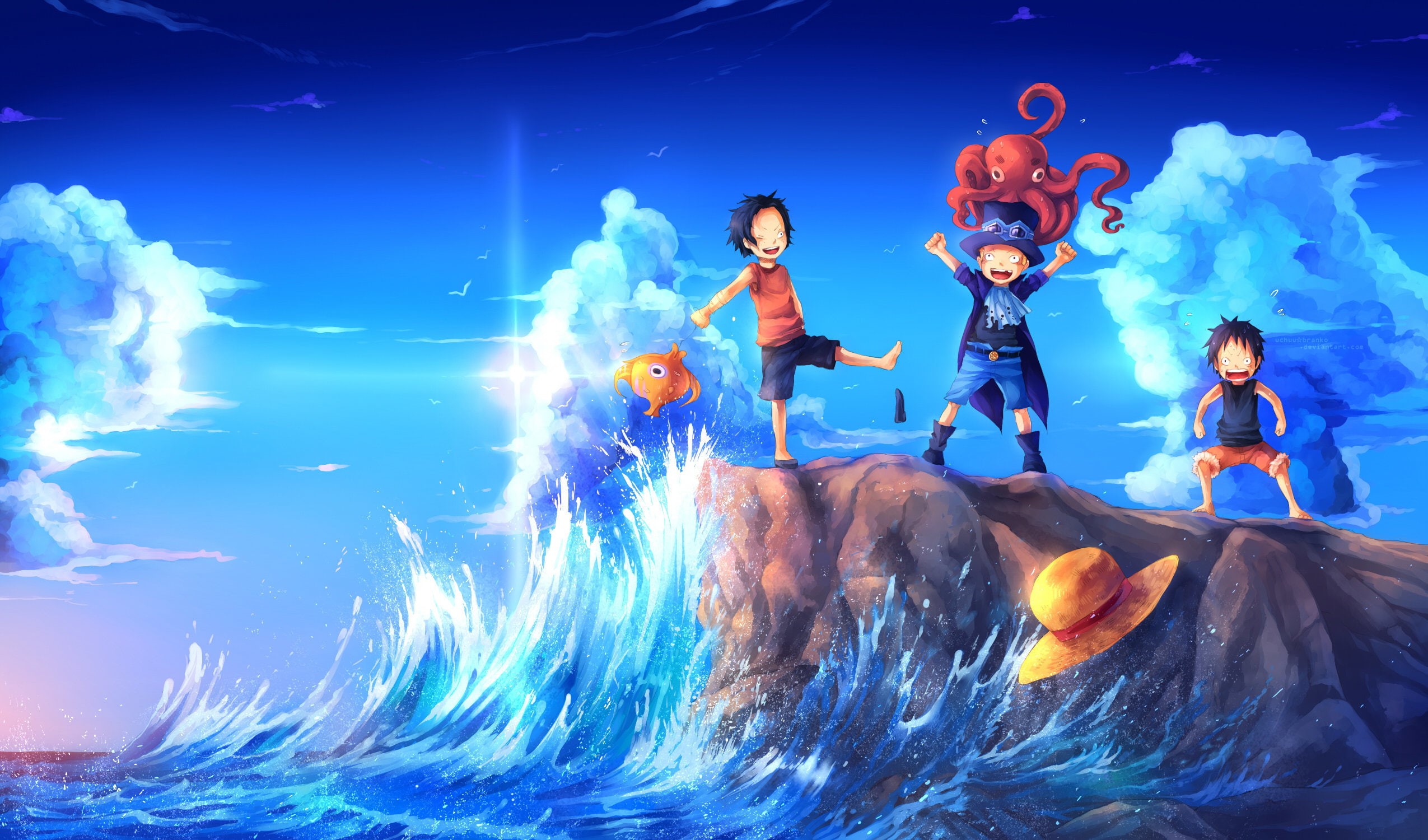art, wave, portgas d ace, one piece, fish, shore, hat, fun, 1080P, octopus, sea, uchuubranko, sabo, monkey d luffy, HD Wallpaper