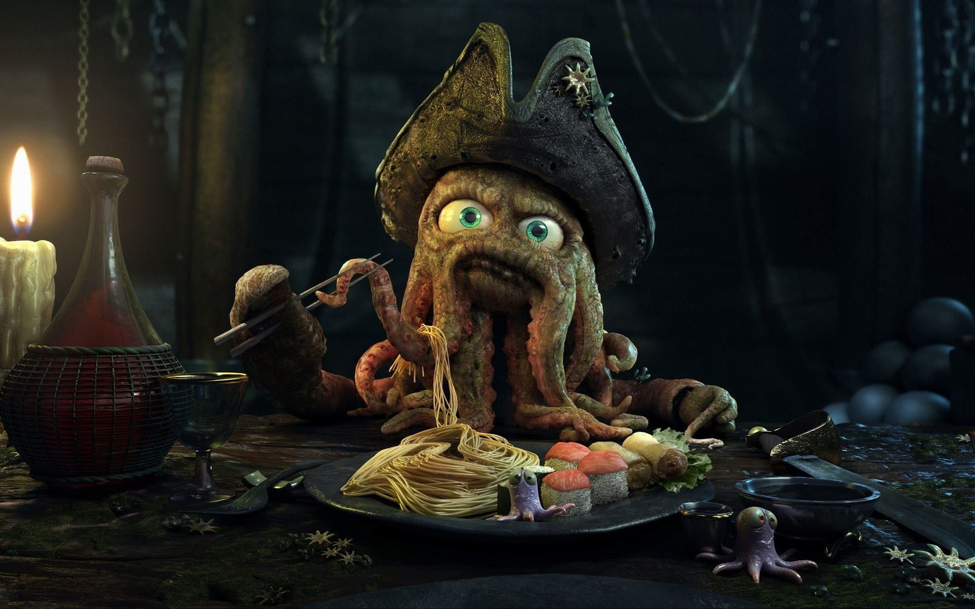 1080P, spirituality, artwork, lighting equipment, statue, craft, representation, octopus, Pirates of the Caribbean, focus on foreground, indoors, creativity, HD Wallpaper