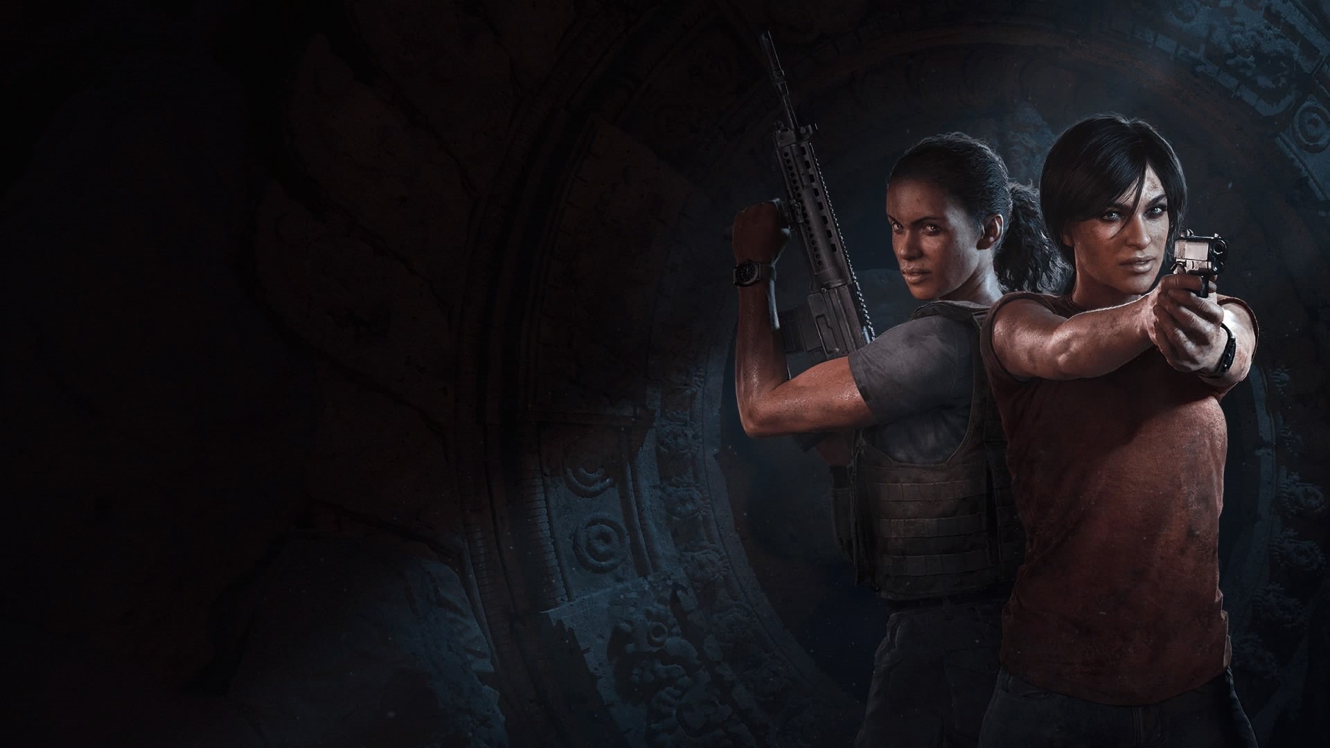 dark, holding, Uncharted : The Lost Legacy, indoors, communication, architecture, men, women, young women, weapon, portrait, two people, 1080P, males, HD Wallpaper