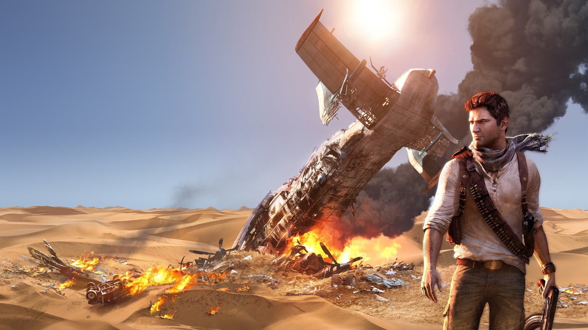 airplane, desert, fire - Natural Phenomenon, drake, nature, wood, young adult, crash, sunlight, leisure activity, uncharted, men, people, flame, wildfire, HD Wallpaper