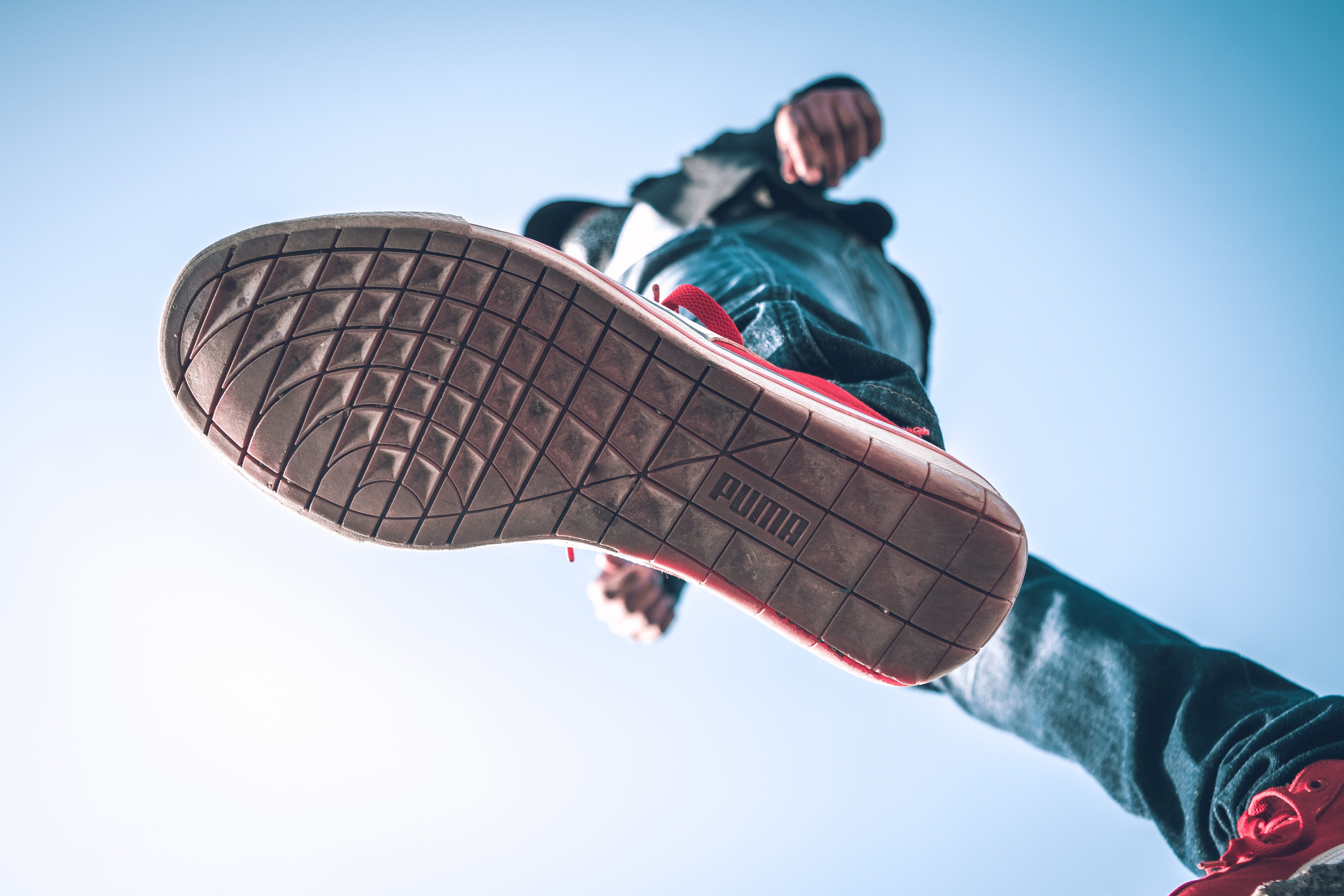 fashion, low angle photography, sky, copy space, wear, focus, blue, rubber shoes, person, sole, wearing, puma, nature, brand, one person, adult, limb, 5K, HD Wallpaper