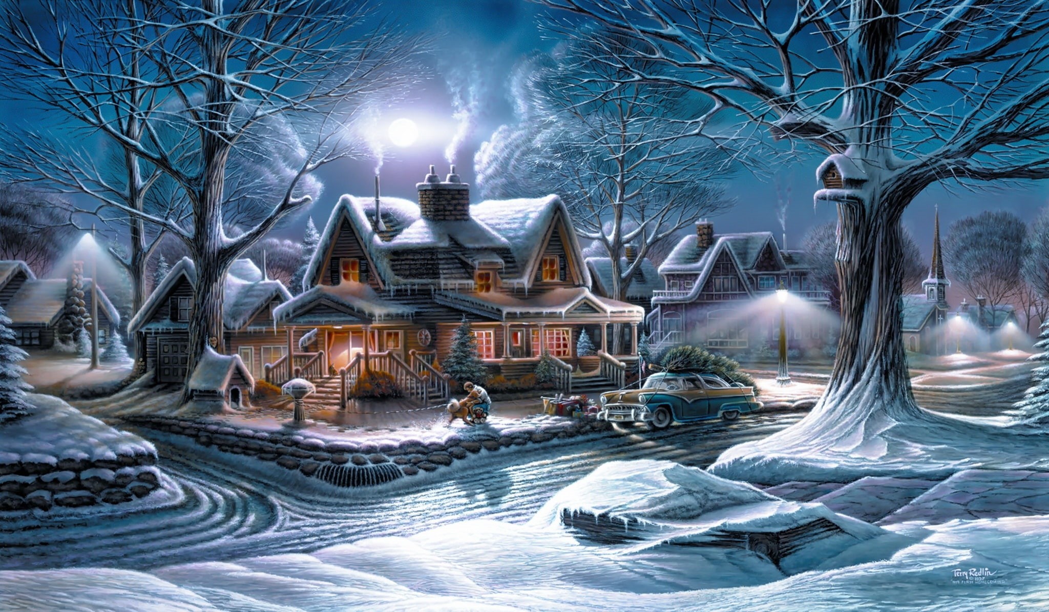 night, street, december, branch, ice, illuminated, town, frost, season, village, plant, blue, built Structure, white, celebration, christmas, HD Wallpaper