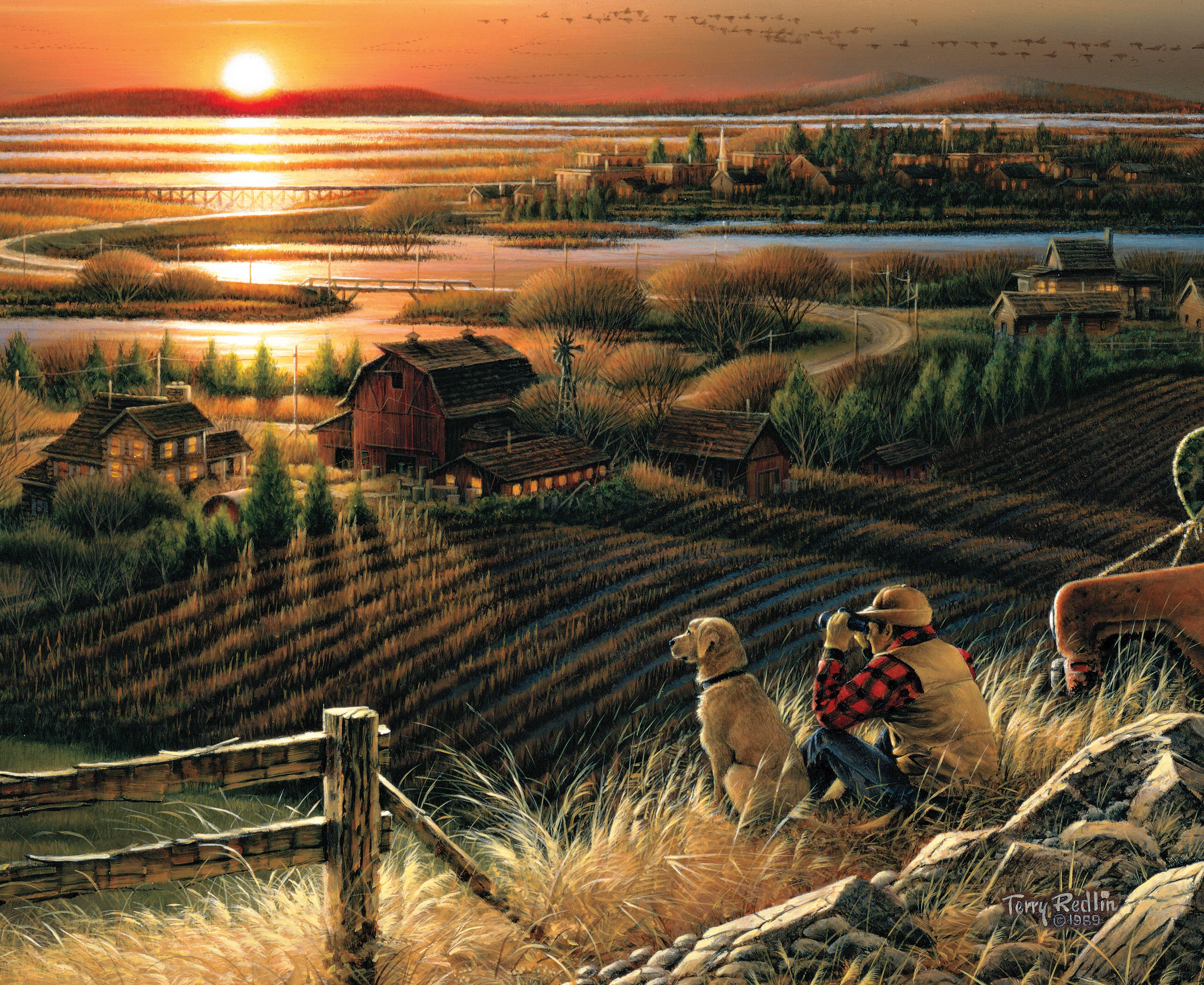 the evening, farm, animal, scenics, Terry Redlin, asia, landscape, sitting, river, 4K, painting, men, sunset, Best Friends, hut, rice - Cereal Plant, women, HD Wallpaper