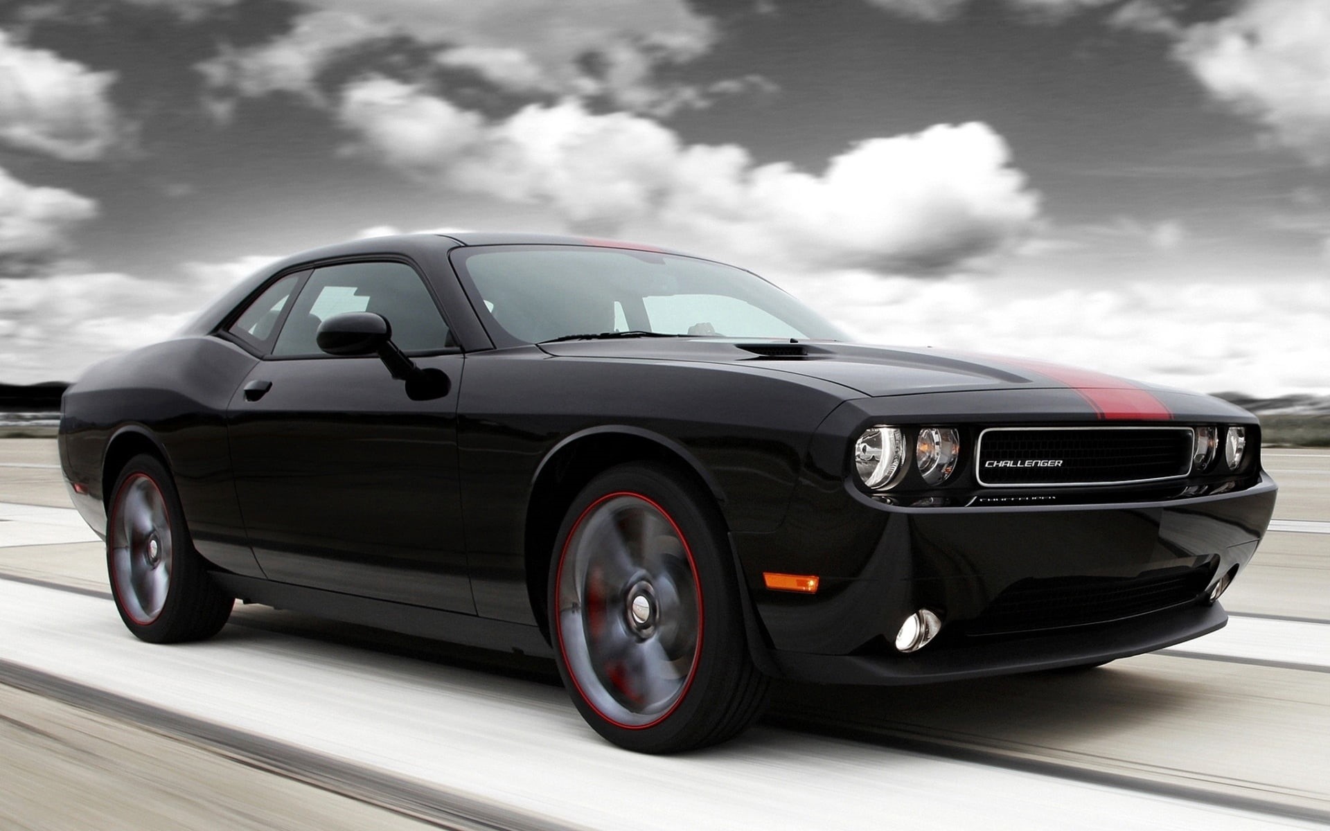 dodge, sports Car, day, wealth, side View, transportation, power, racecar, challenger, sky, motor Vehicle, nature, new, black, 1080P, car, people, design, HD Wallpaper