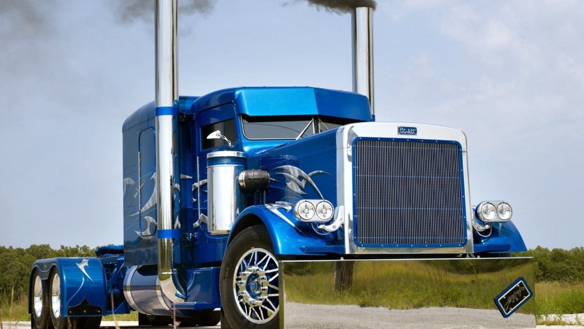 1080P, trucks, chrome, tuning, wheels, lights, smoke, grill, peterbilt, vehicles, blue, custum, HD Wallpaper